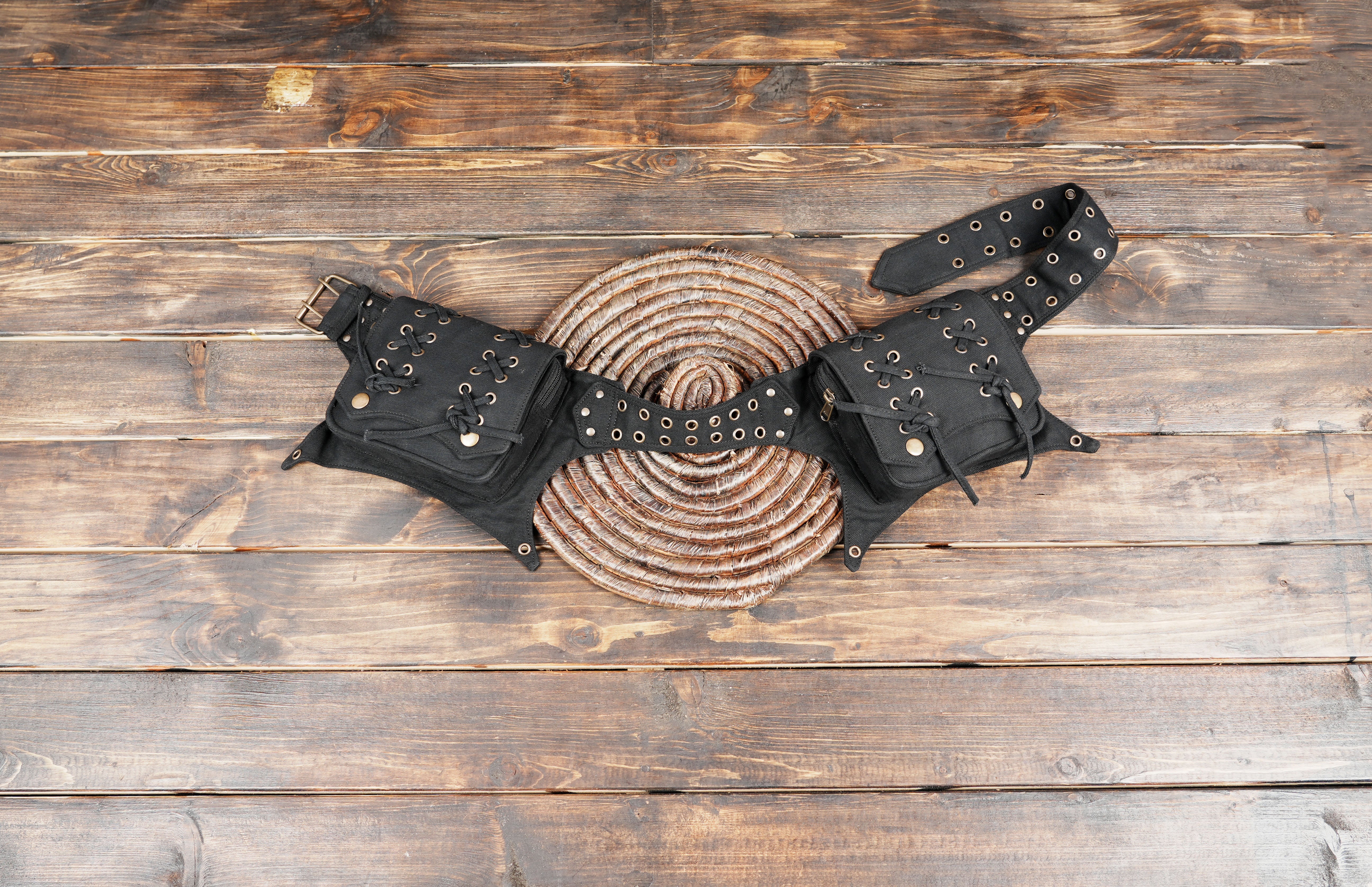Black Cotton Utility Belt with Dual Pouches - Steampunk Festival Hip Bag.