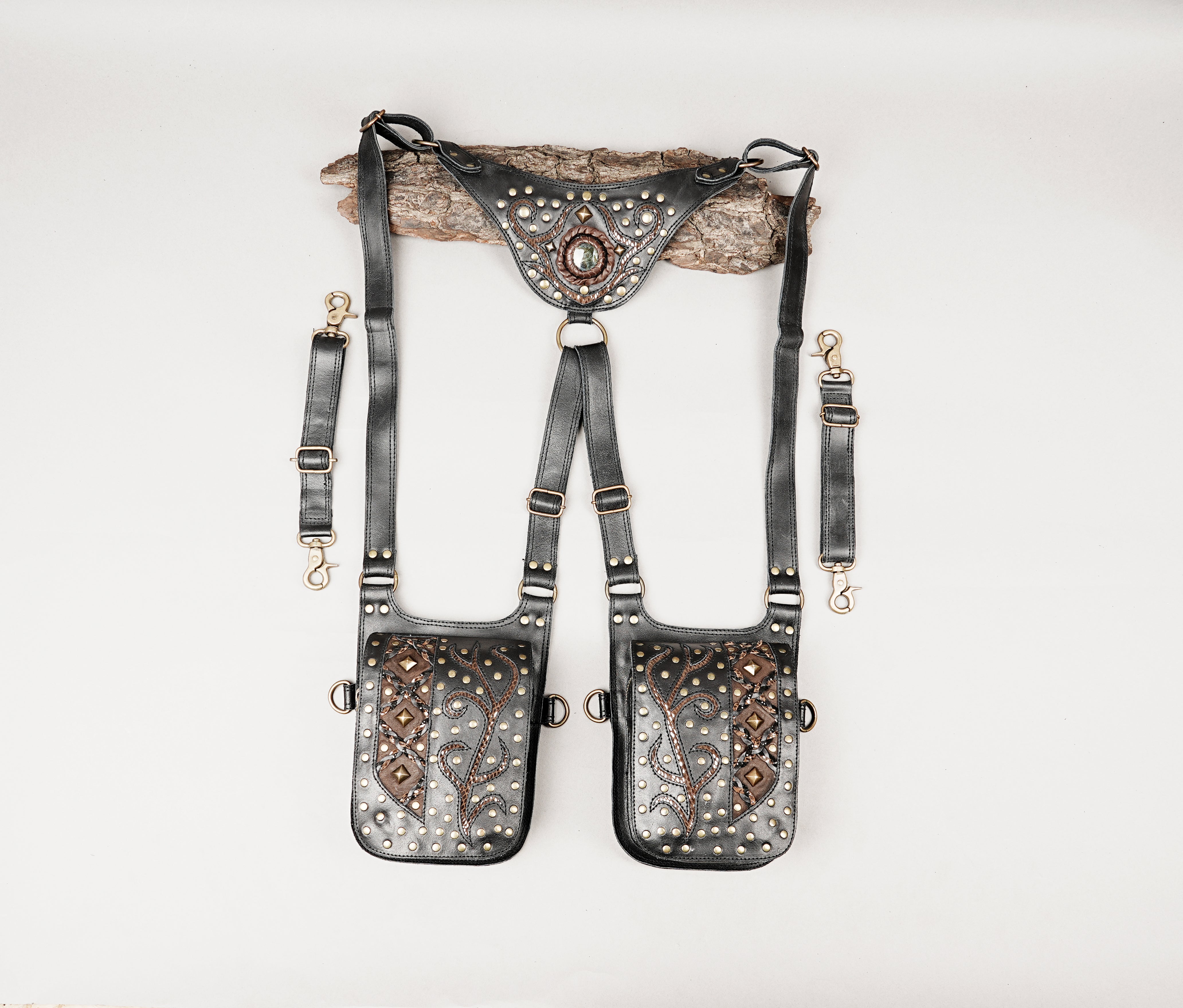 Handmade leather holster harness with dual studded pouches and adjustable straps