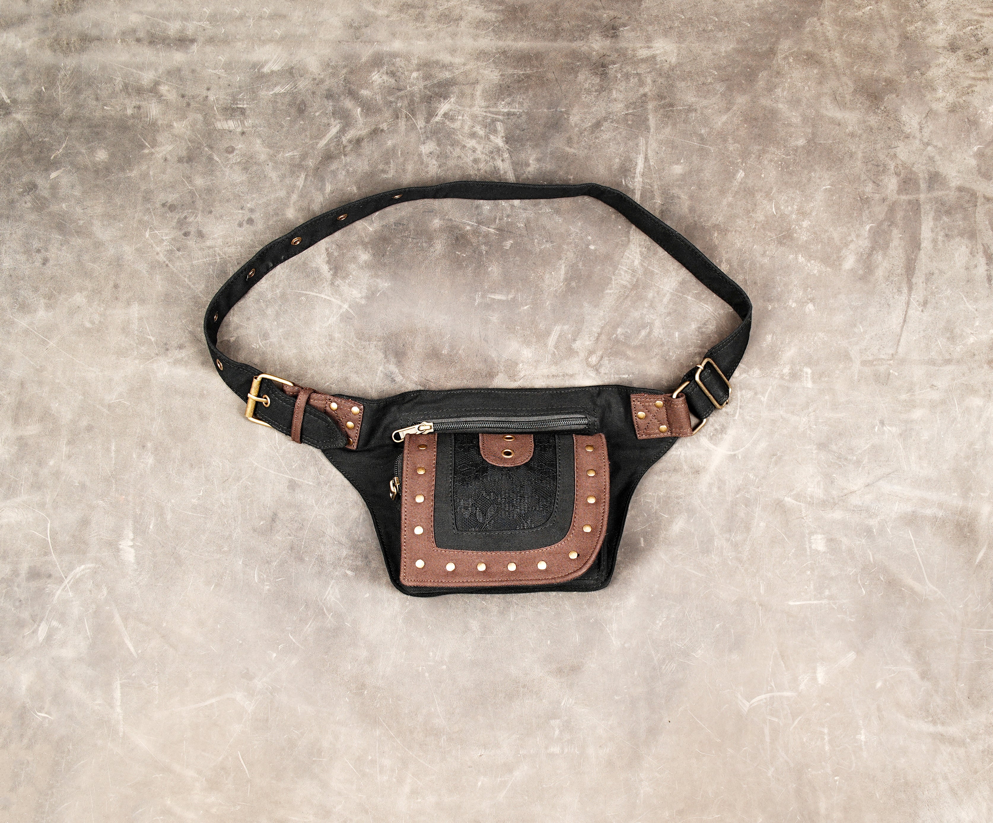 Cotton utility waist belt bag with antique brass hardware
