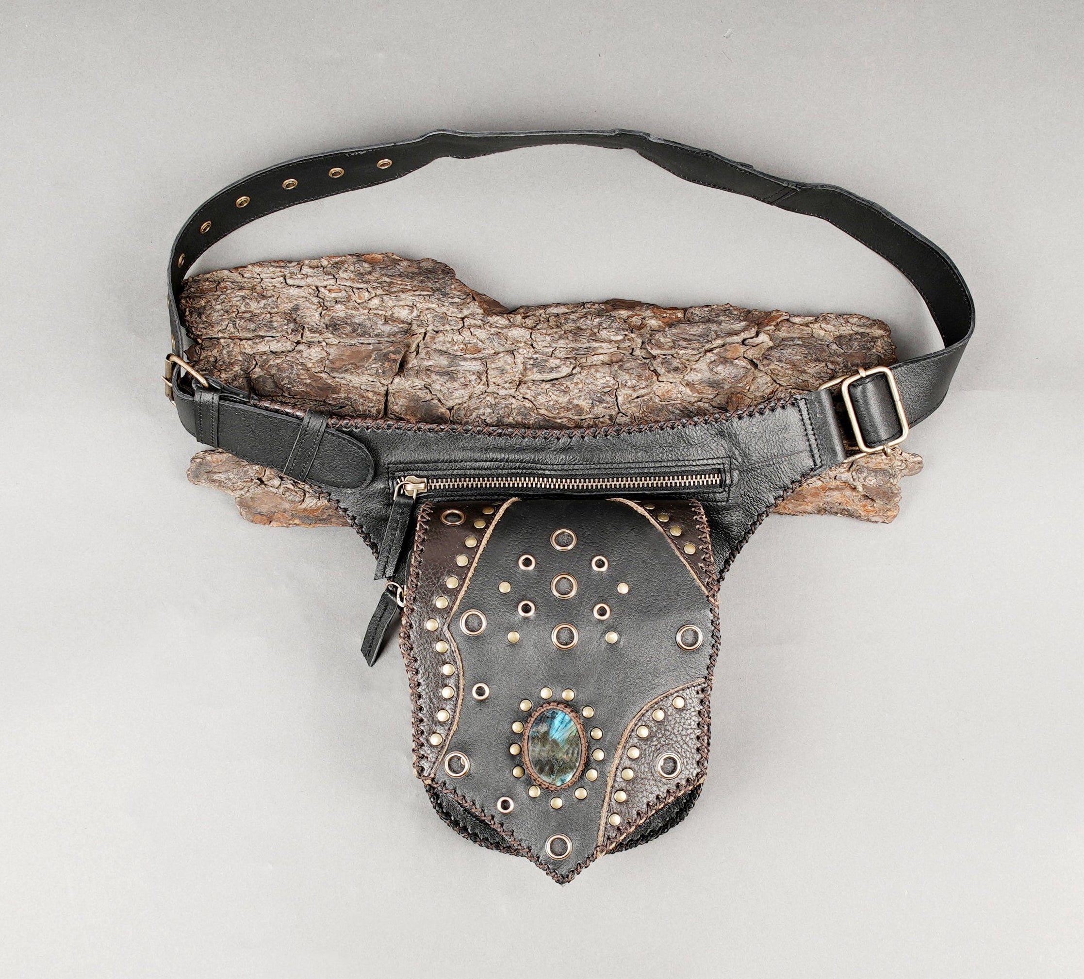 Handmade black leather waist belt with gemstone centerpiece