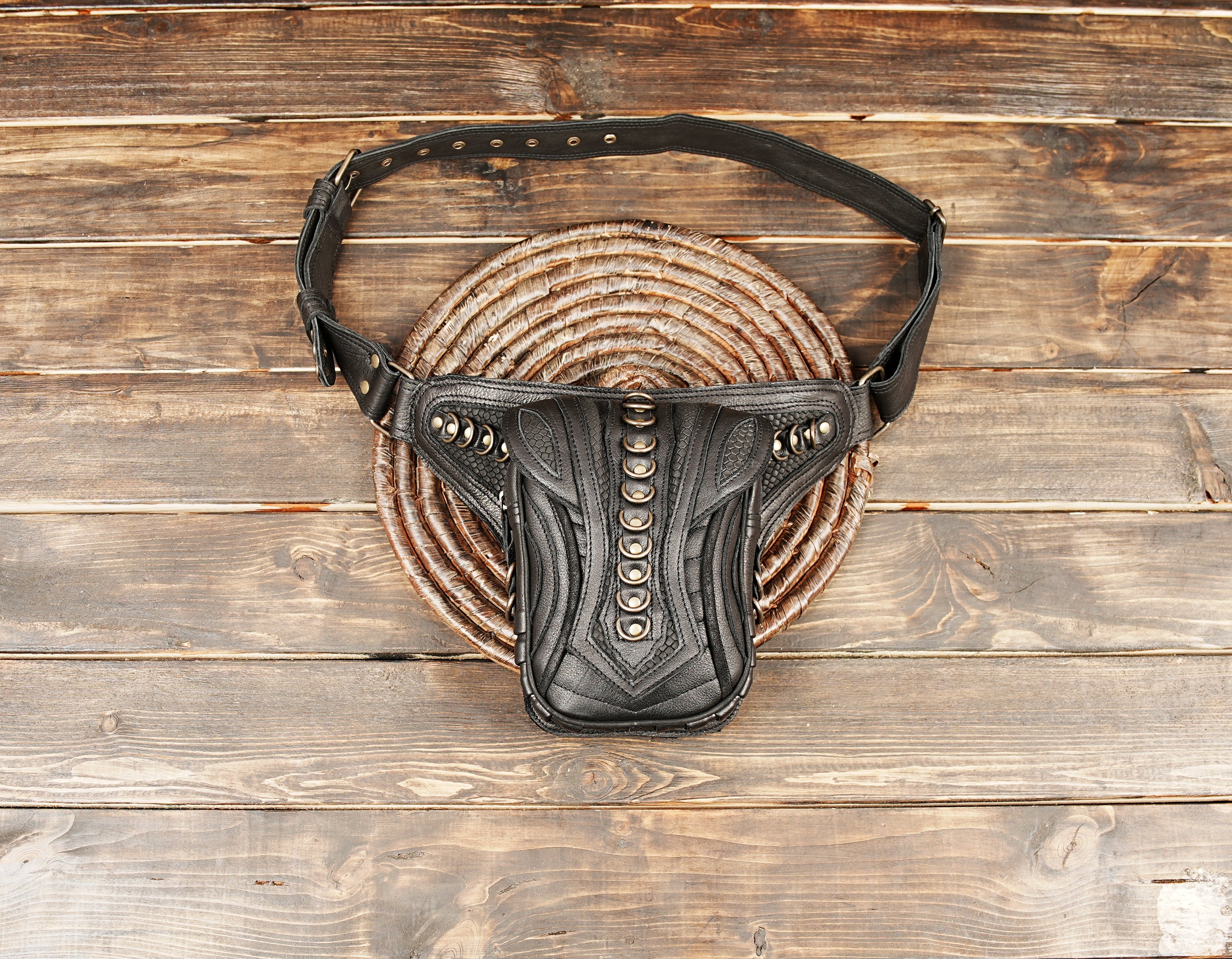 Black handmade leather waist belt with utility pouch