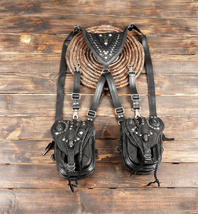 Dual pocket artisan leather harness bag with gemstone detail