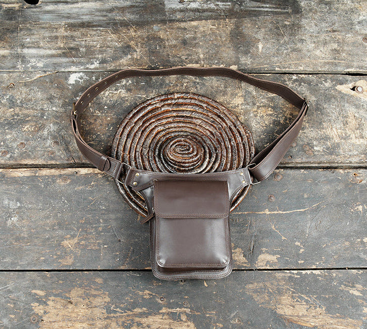 Brown genuine leather waist belt with large utility pouch