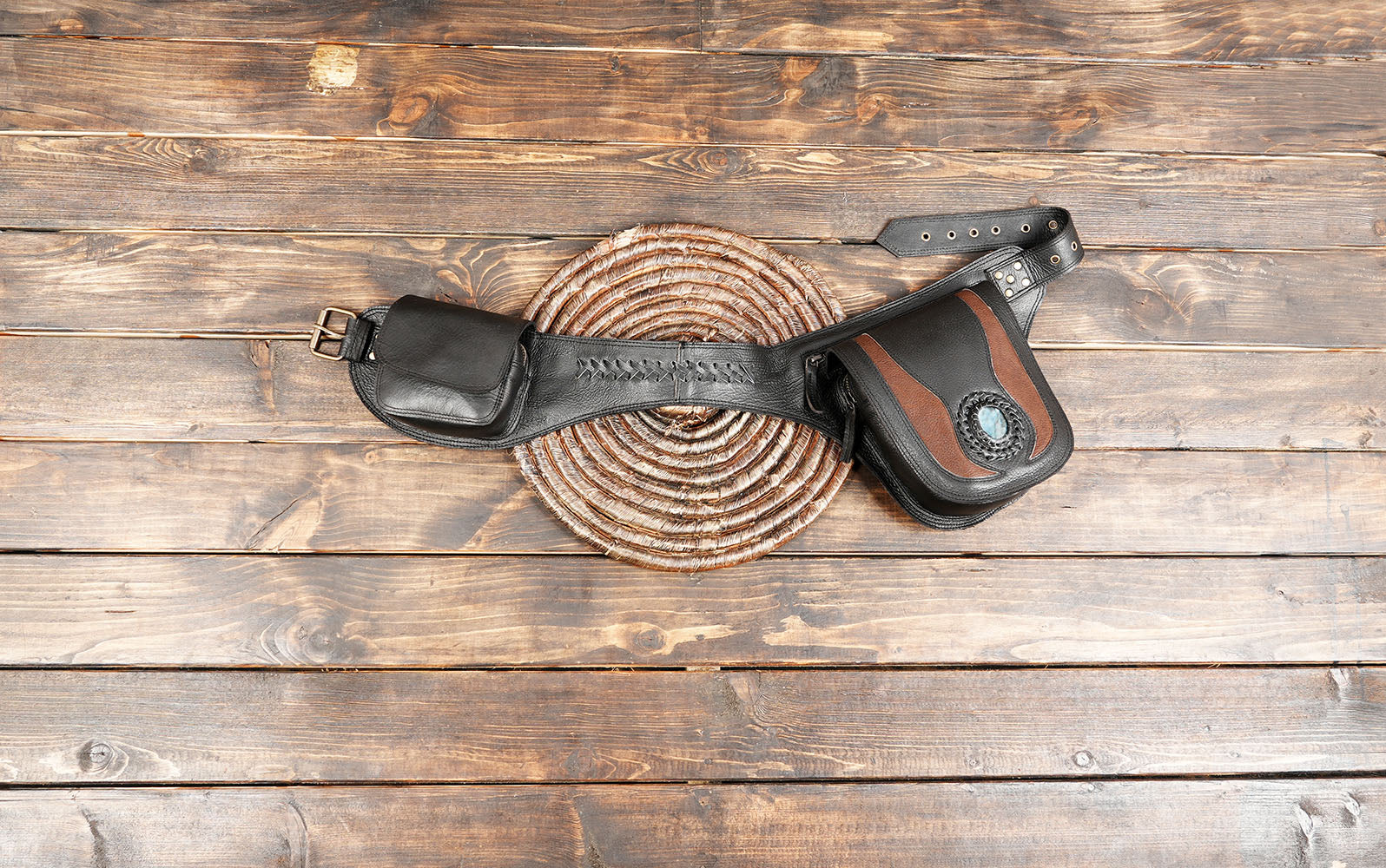 Handmade black and brown leather utility belt bag with gemstone
