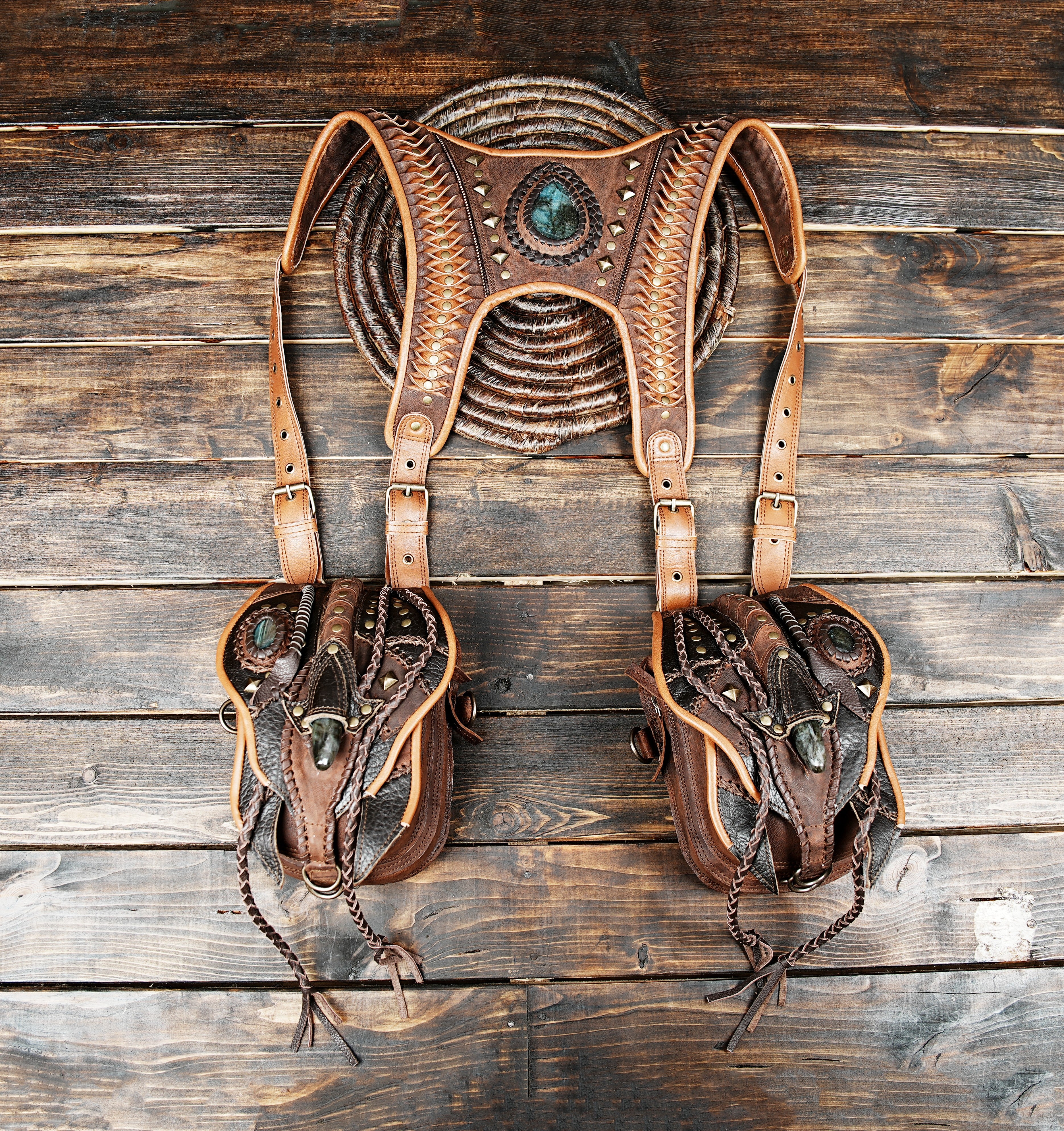 brown leather dual holster harness bag with gemstone and braided detail
