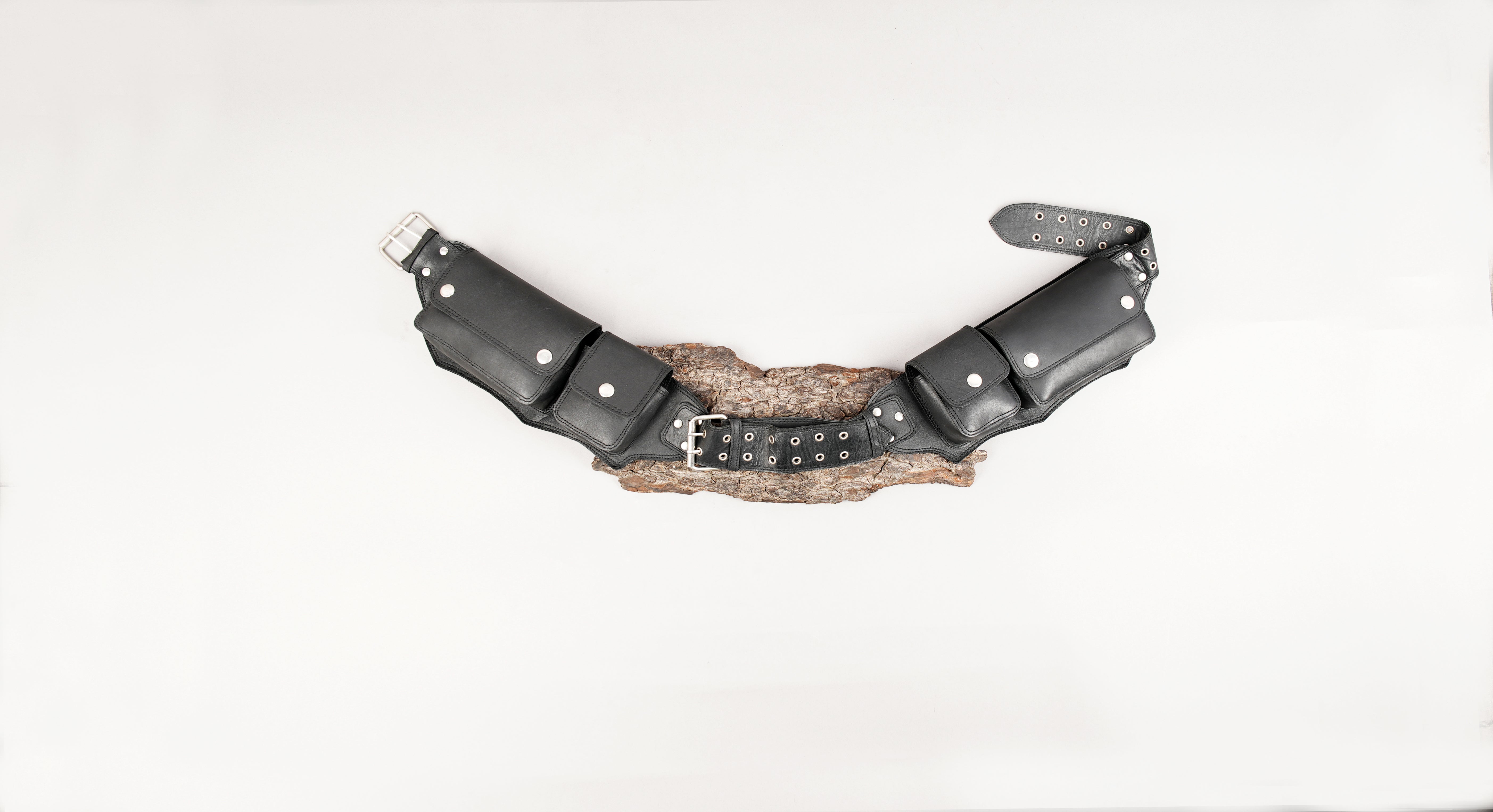 Black leather waist belt with dual utility pouches and buckle closure