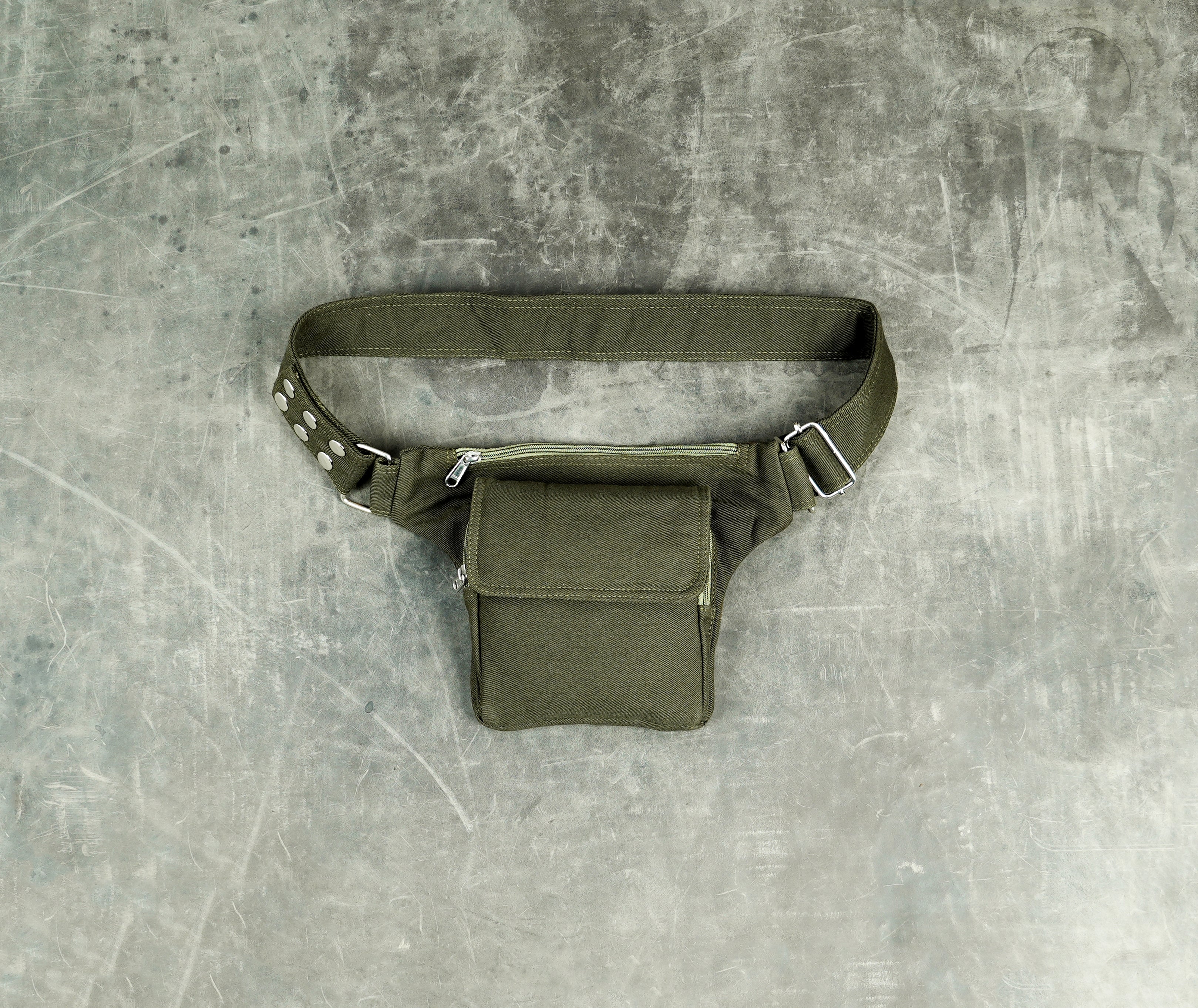 Handmade olive green hip bag with zipper pocket and snap button belt