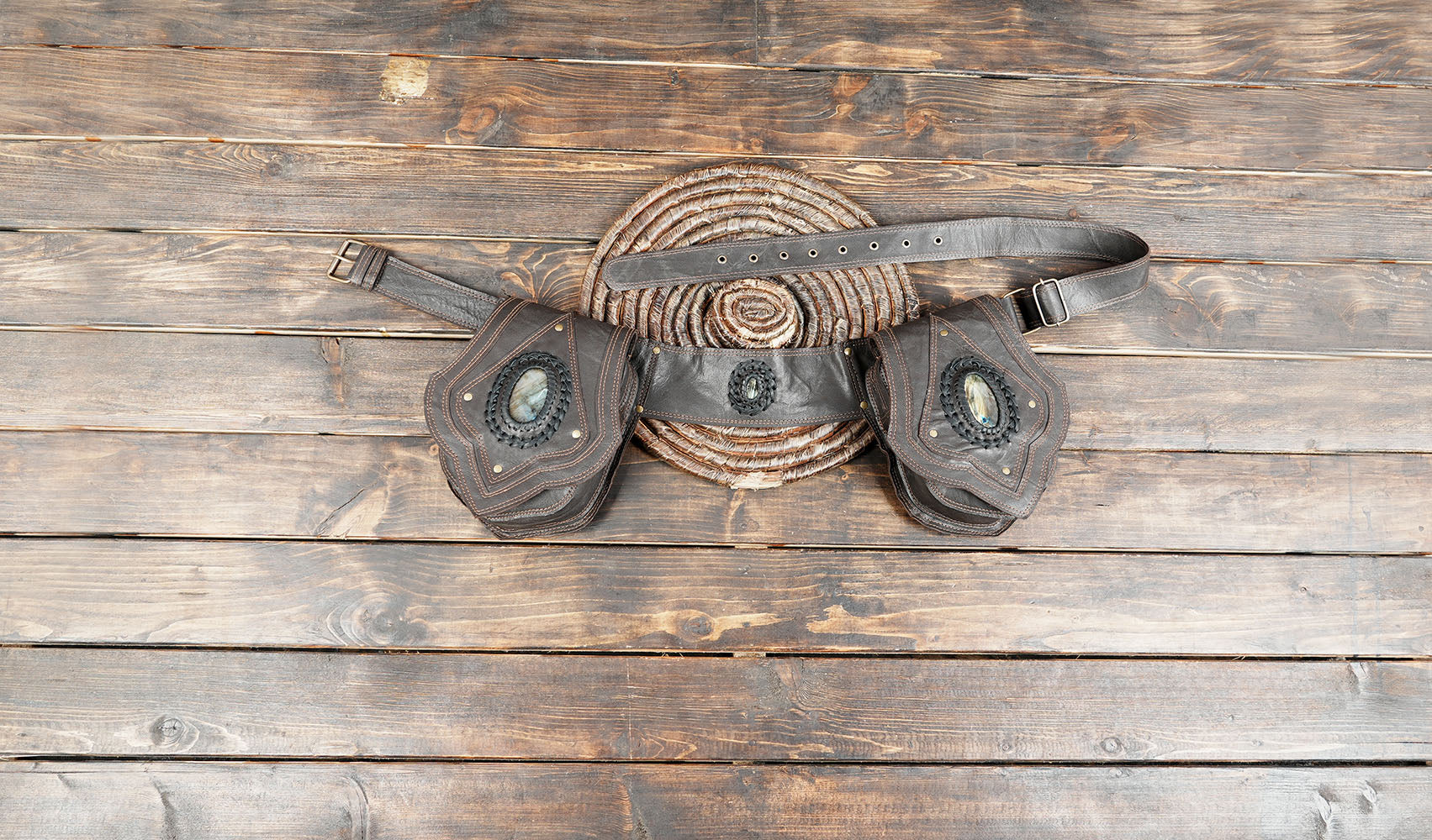 Handmade Black Tribal Leather Waist Belt with labradorite gemstone – Gothic Boho Hip Bag with Stone Accents  (LT-AB-WB-6080)