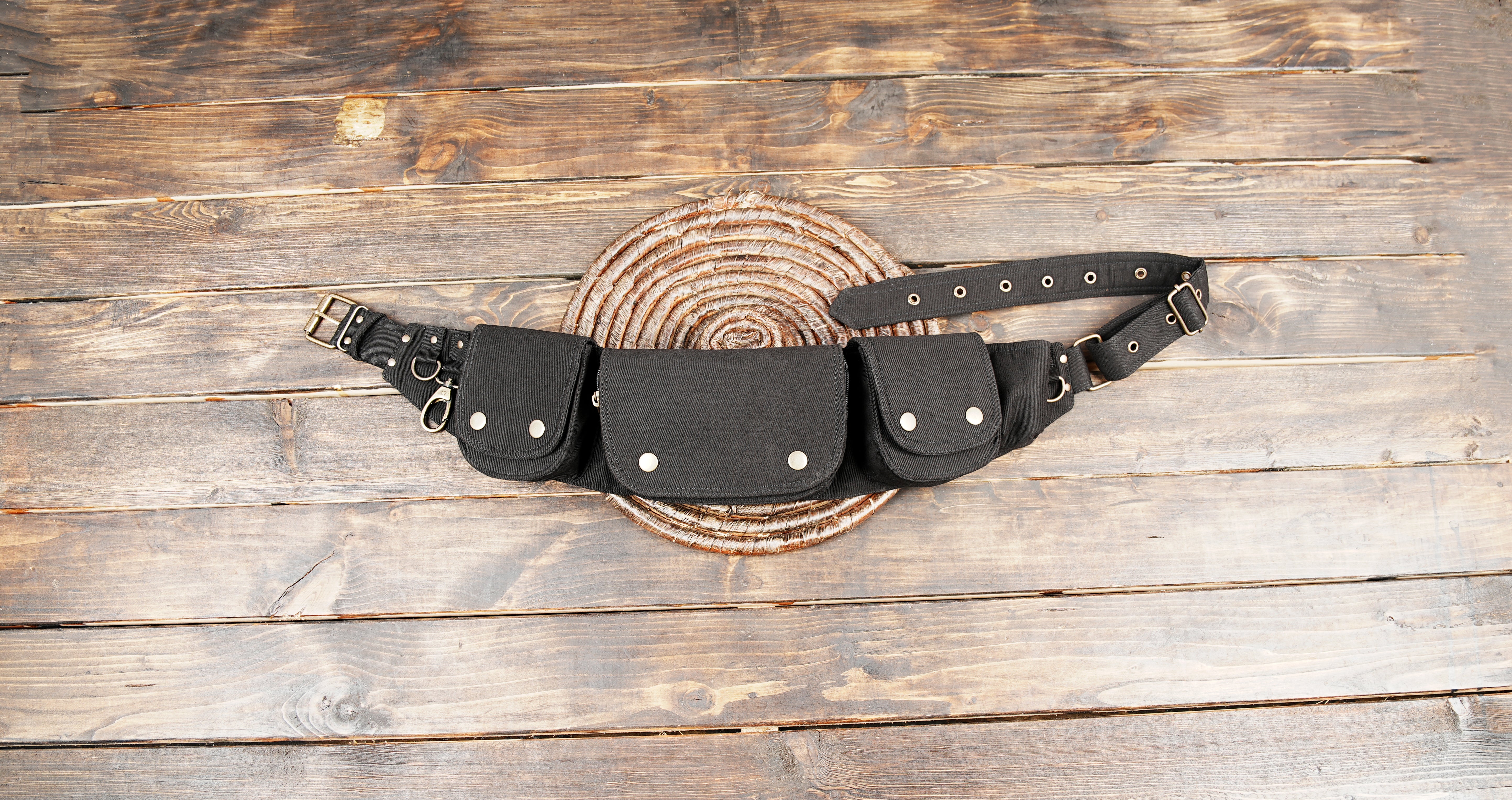 Black Cotton Utility Belt Bag with Multiple Storage Pockets