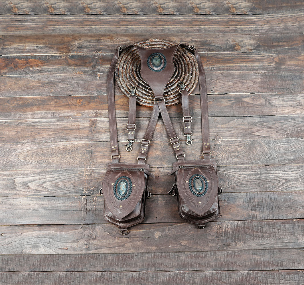 Black leather festival holster bag with gemstone detailing.