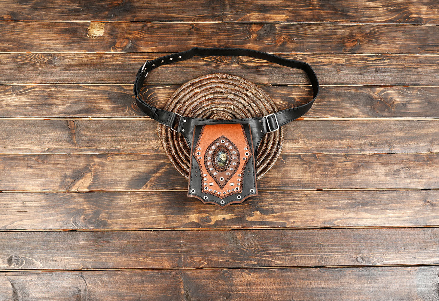 This handmade two-tone black & brown leather waist belt pouch