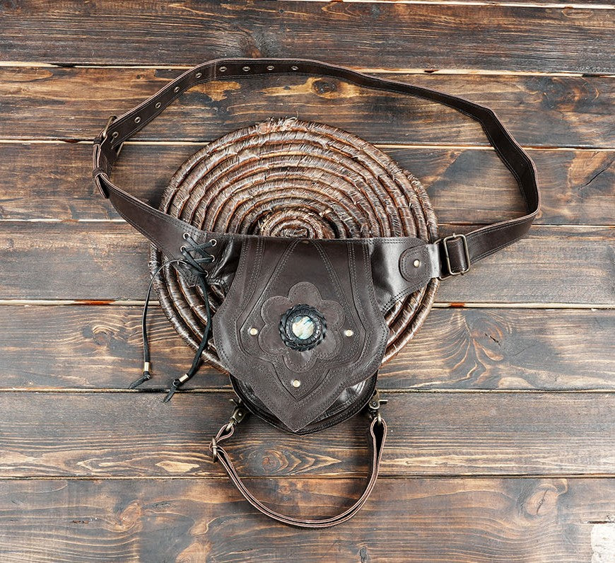 Handmade brown leather waist belt bag with gemstone centerpiece and boho design