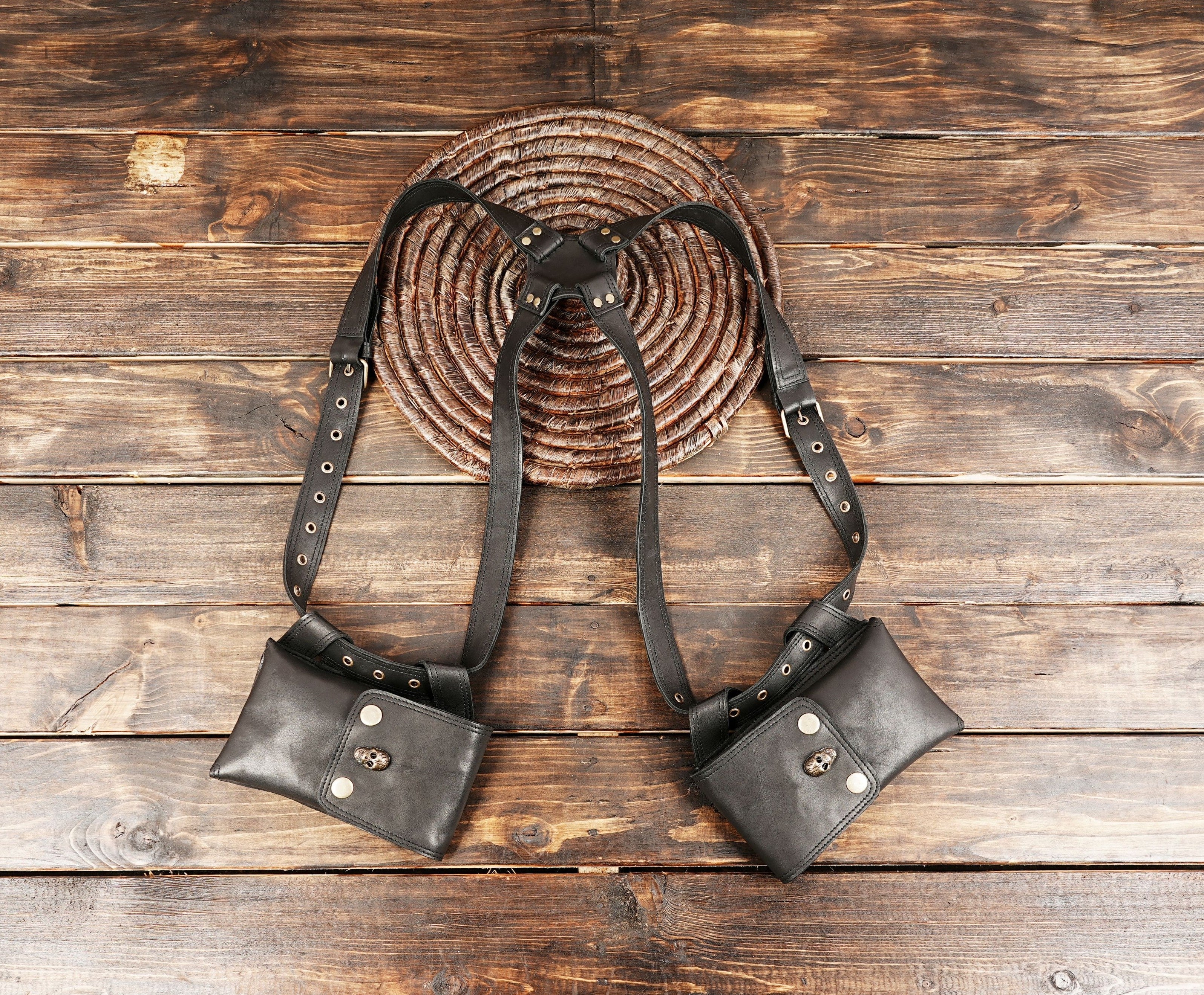 Steampunk leather holster bag with adjustable straps