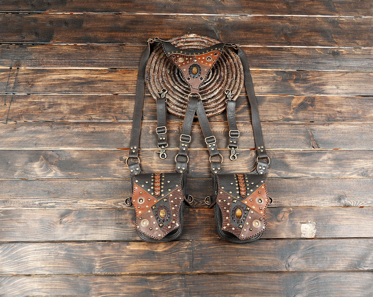 Handcrafted brown and black leather holster bag for bikers