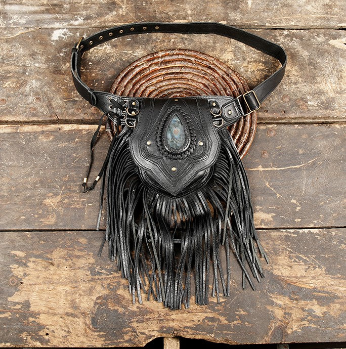 Handmade black leather fringe holster belt with gemstone