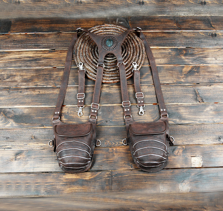 Black leather double pocket bag for concerts and festivals