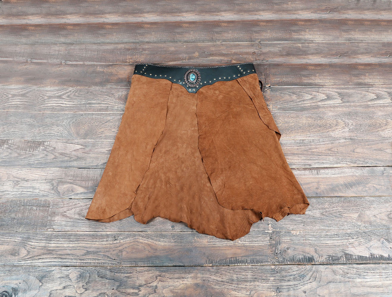 Handmade Suede Leather Skirt with Gemstone Waistband – Rustic Boho Festival Clothin