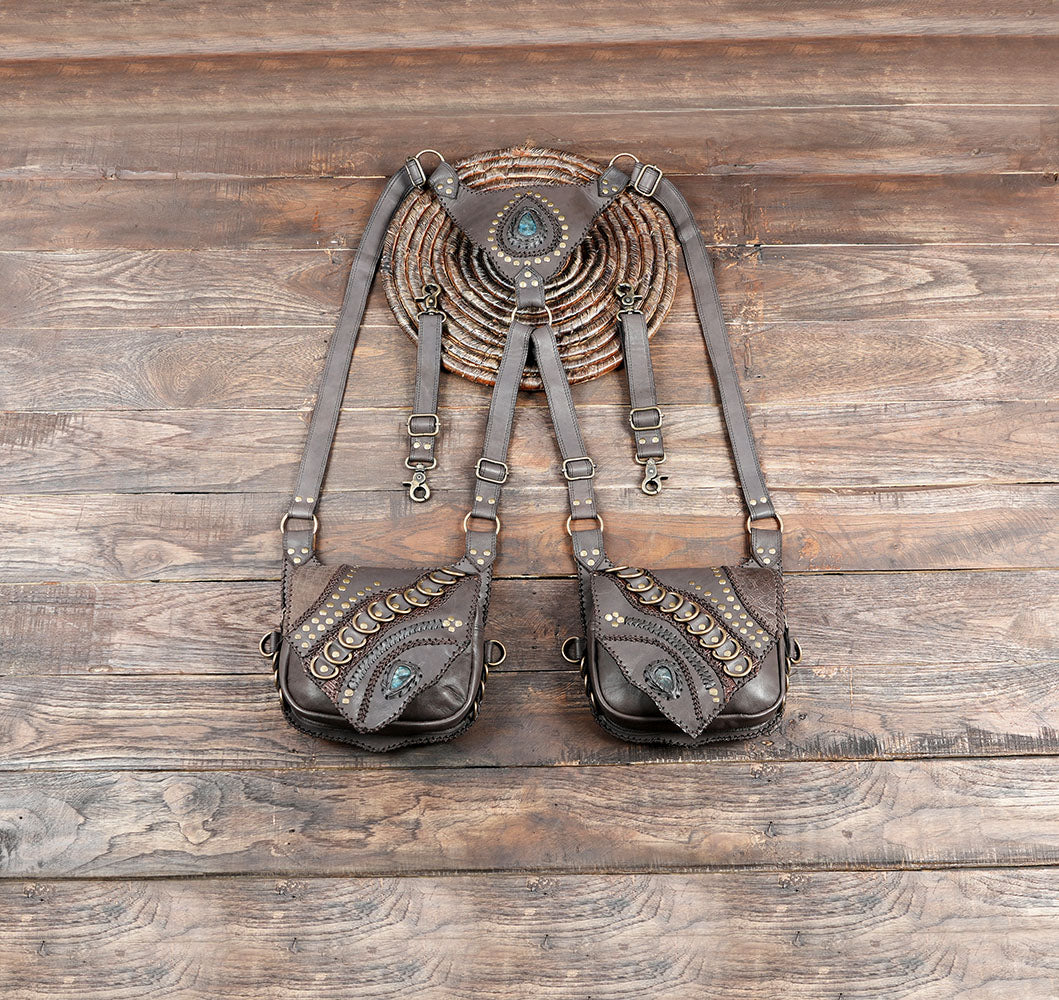 Handmade Leather Double Holster Bag with Adjustable Straps Festival Utility Holster Harness Steampunk / Boho Leather Bag with  METAL FITTING 