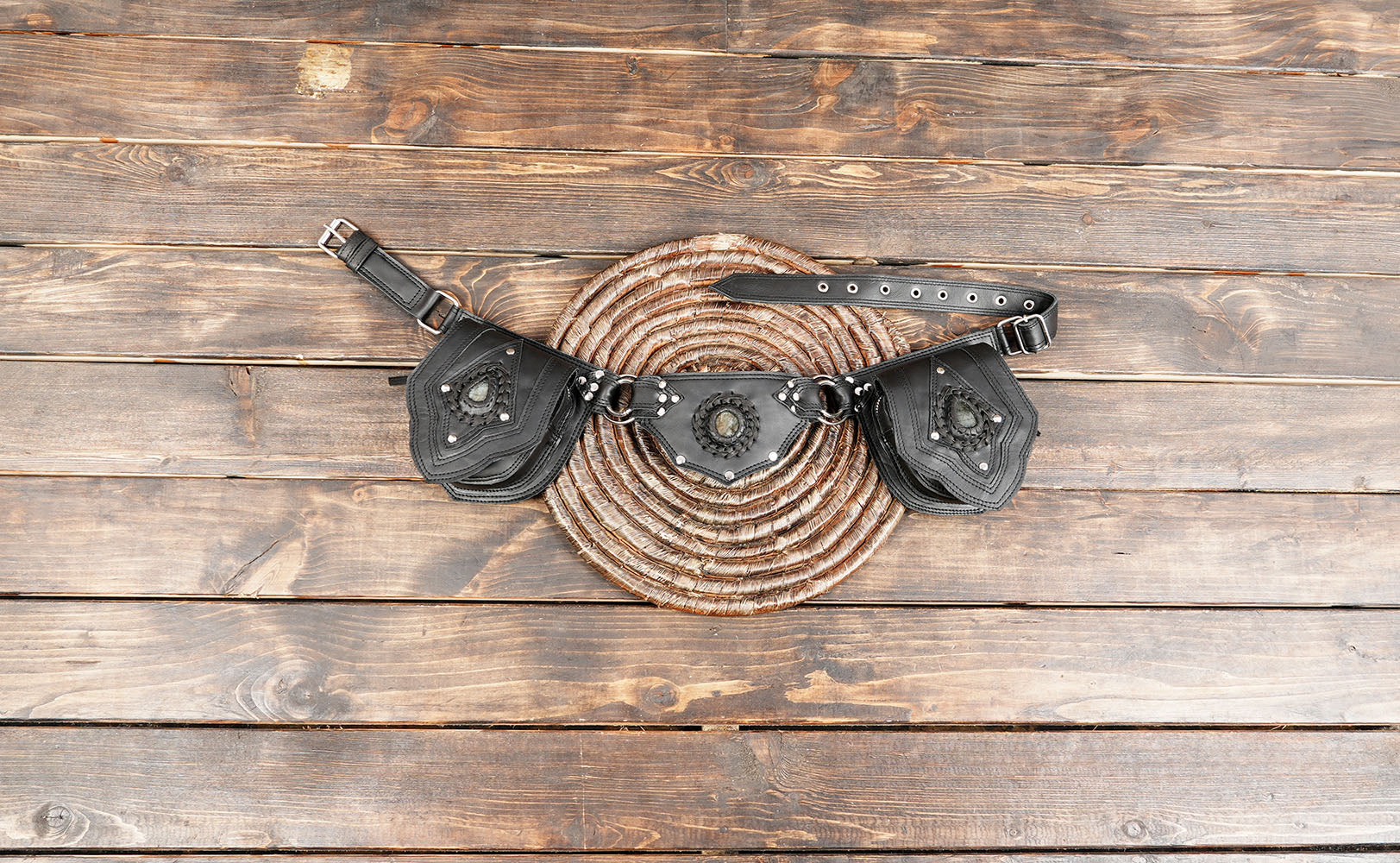 Handmade Black Leather Waist Belt with Gemstone Accents || Leather Waist Belt with Dual Storage Pouches and Metal Rings (LT-NS-WB-6046)