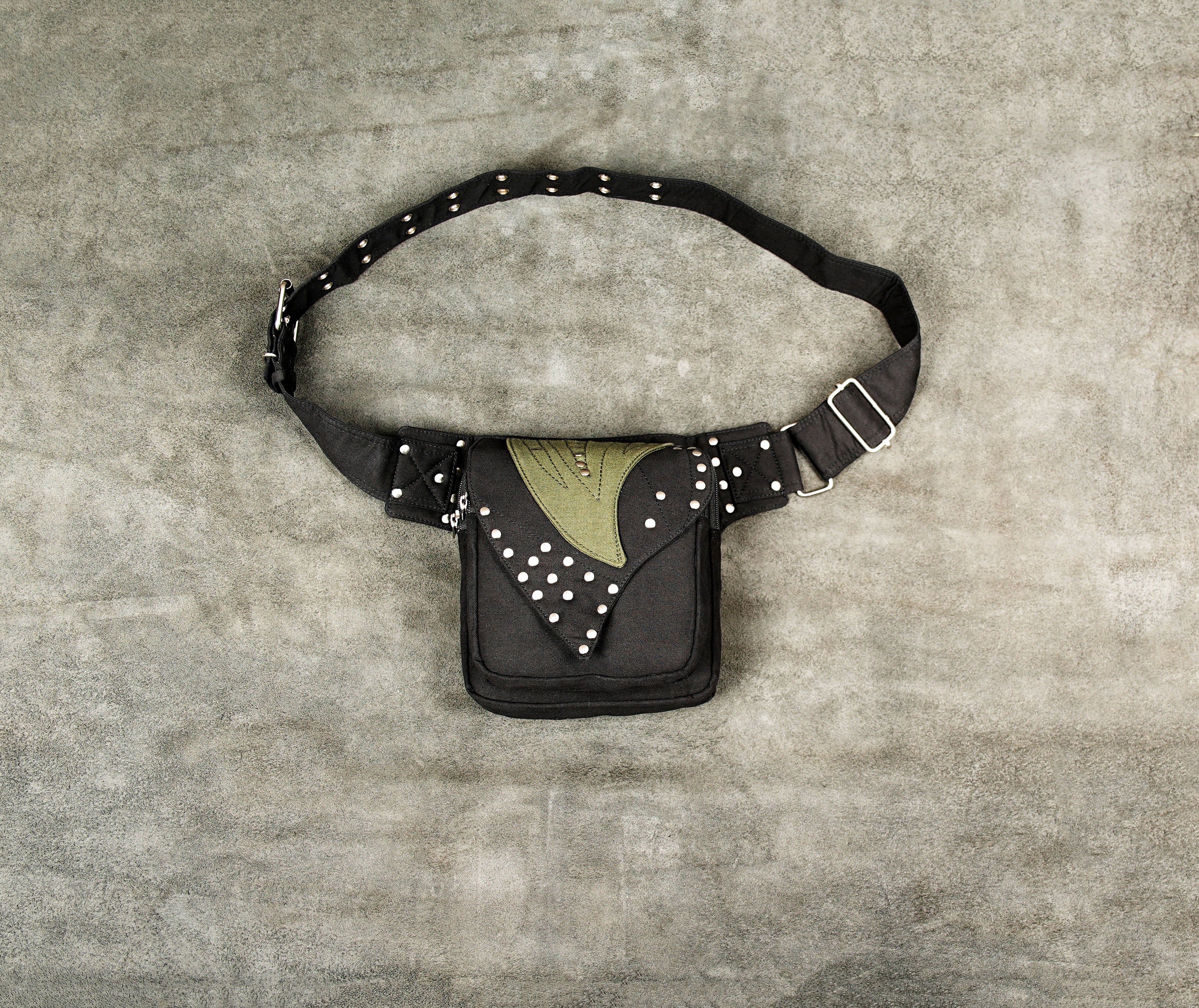 Black cotton waist belt bag with silver studded flap and adjustable strap