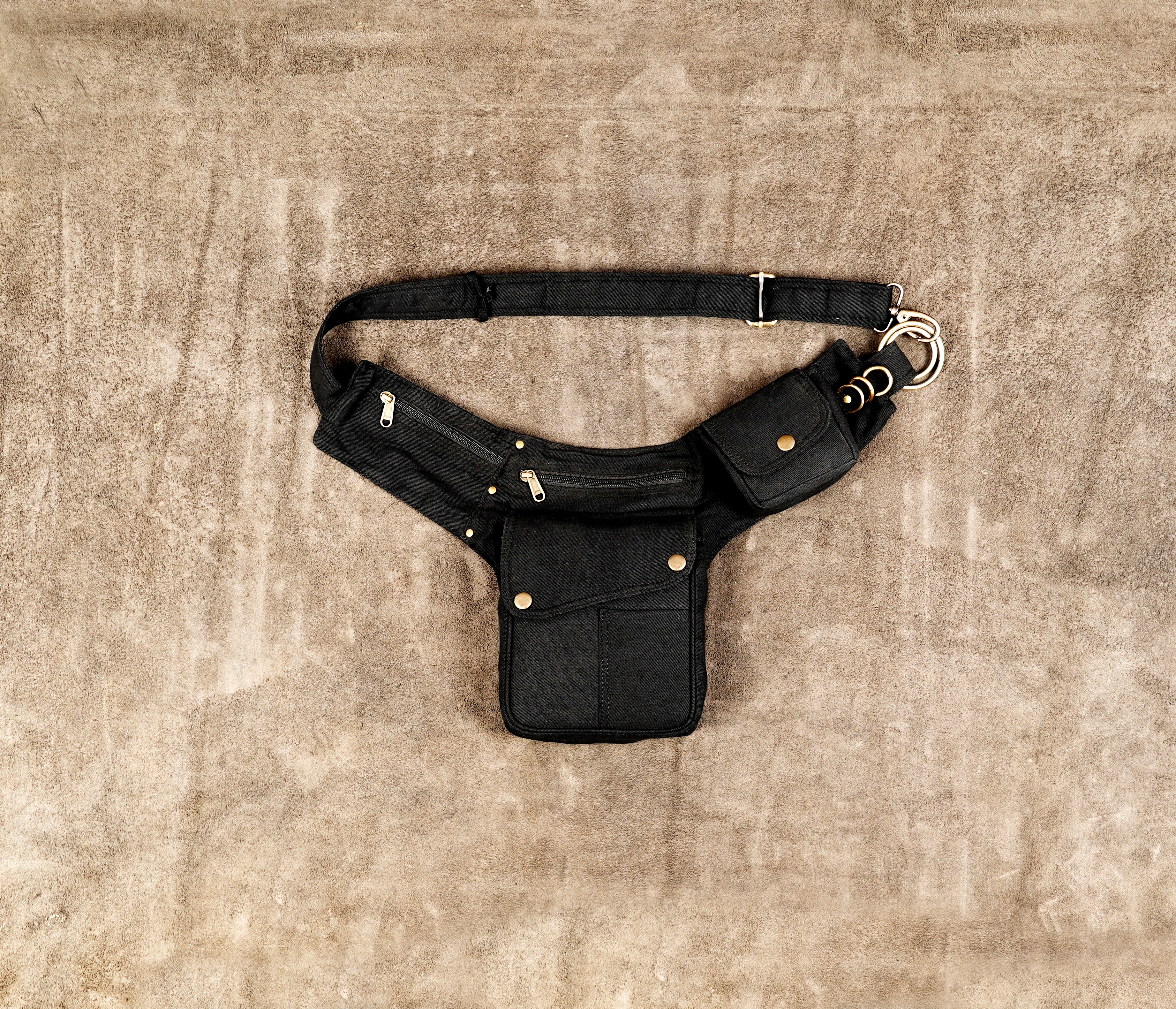 Black cotton canvas utility belt bag with multiple zipper pockets
