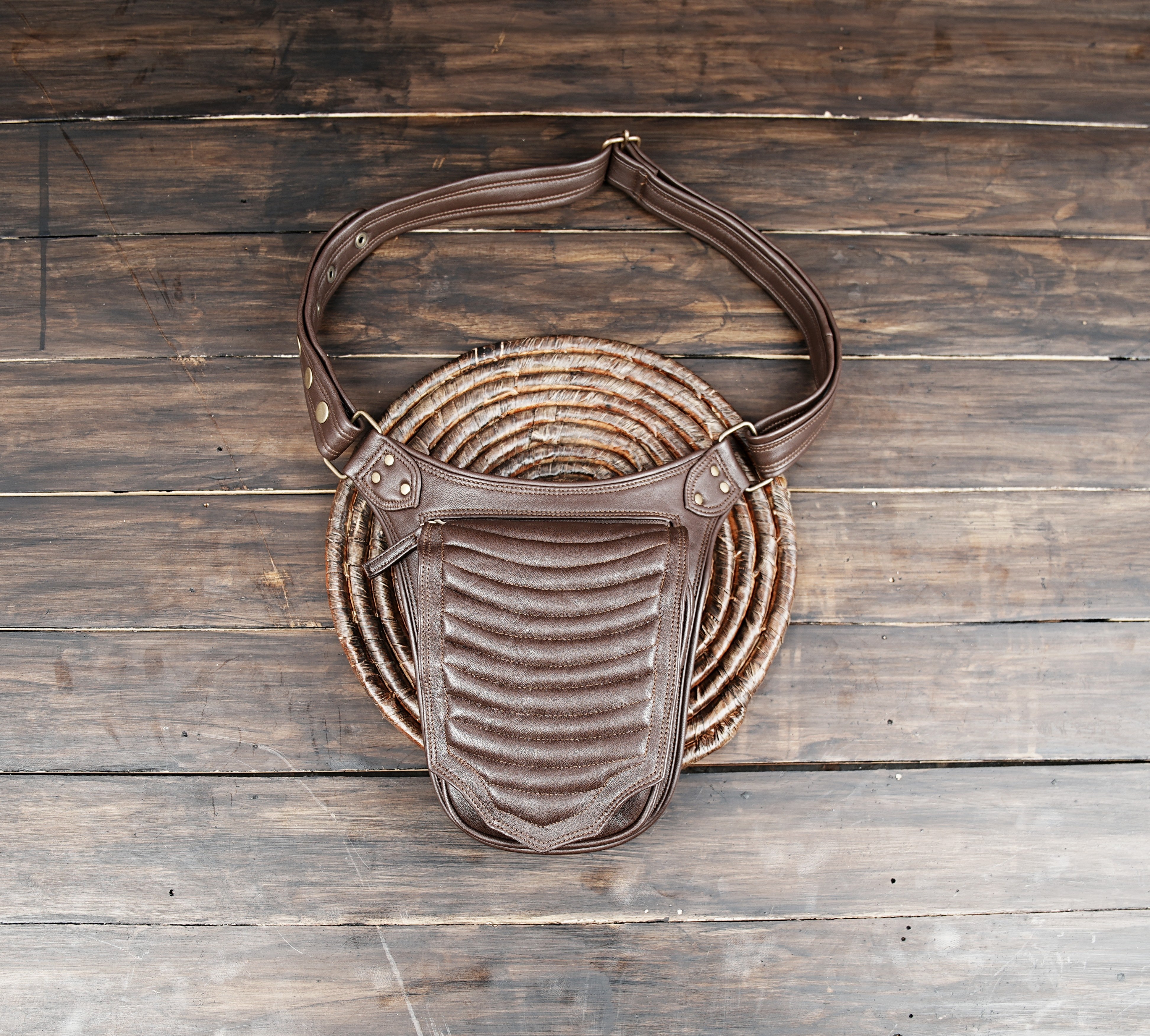 Handmade brown leather utility belt bag front view