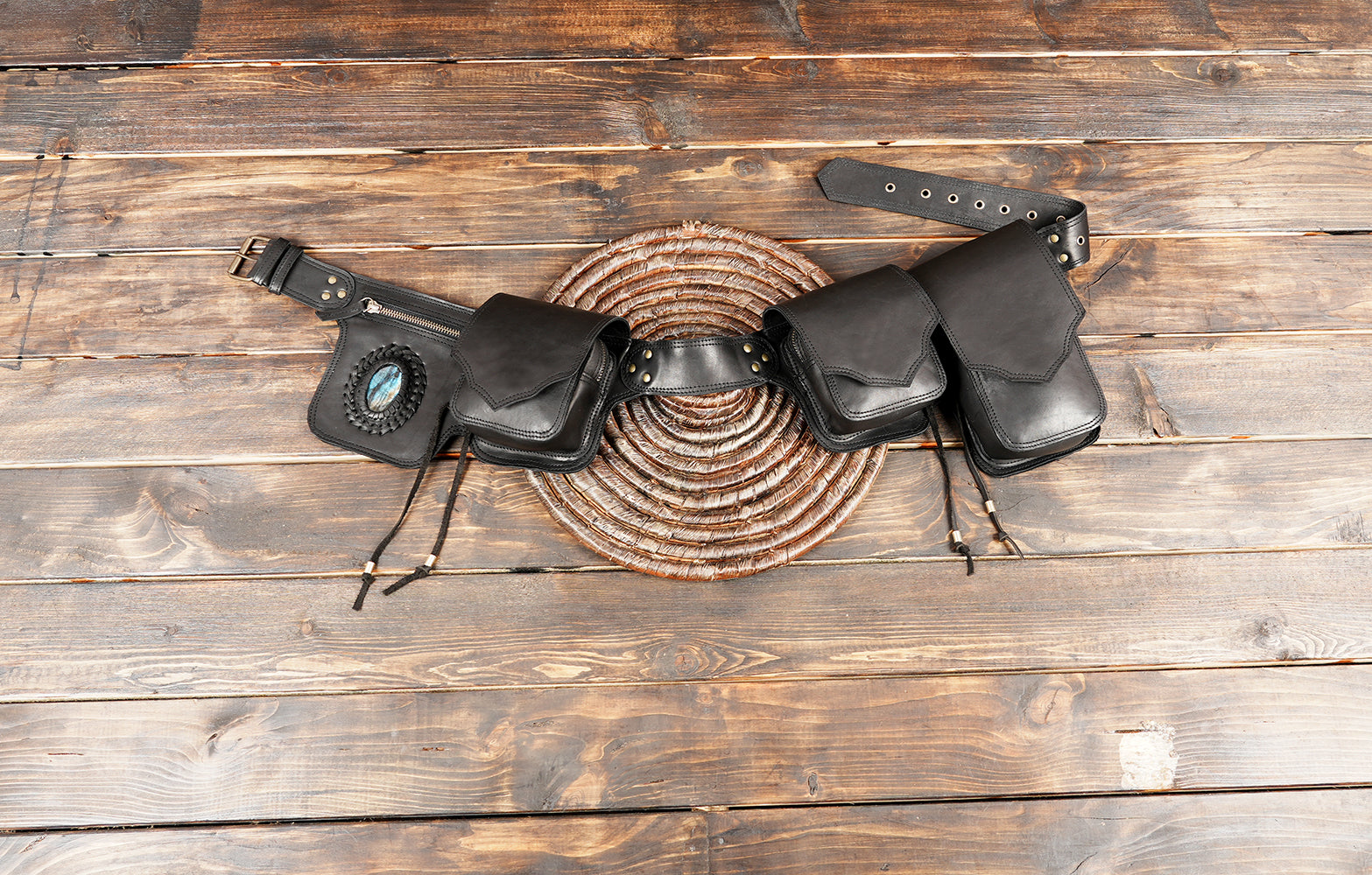 Handmade black leather utility belt with labradorite gemstone