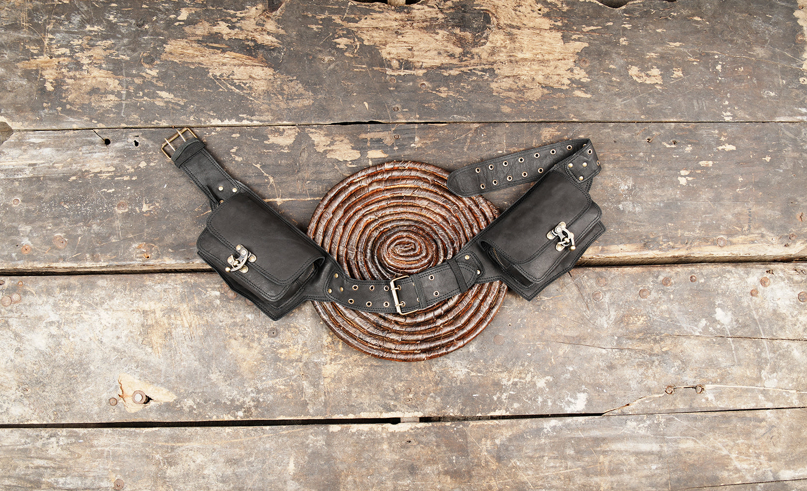 Black leather waist belt with two utility pouches