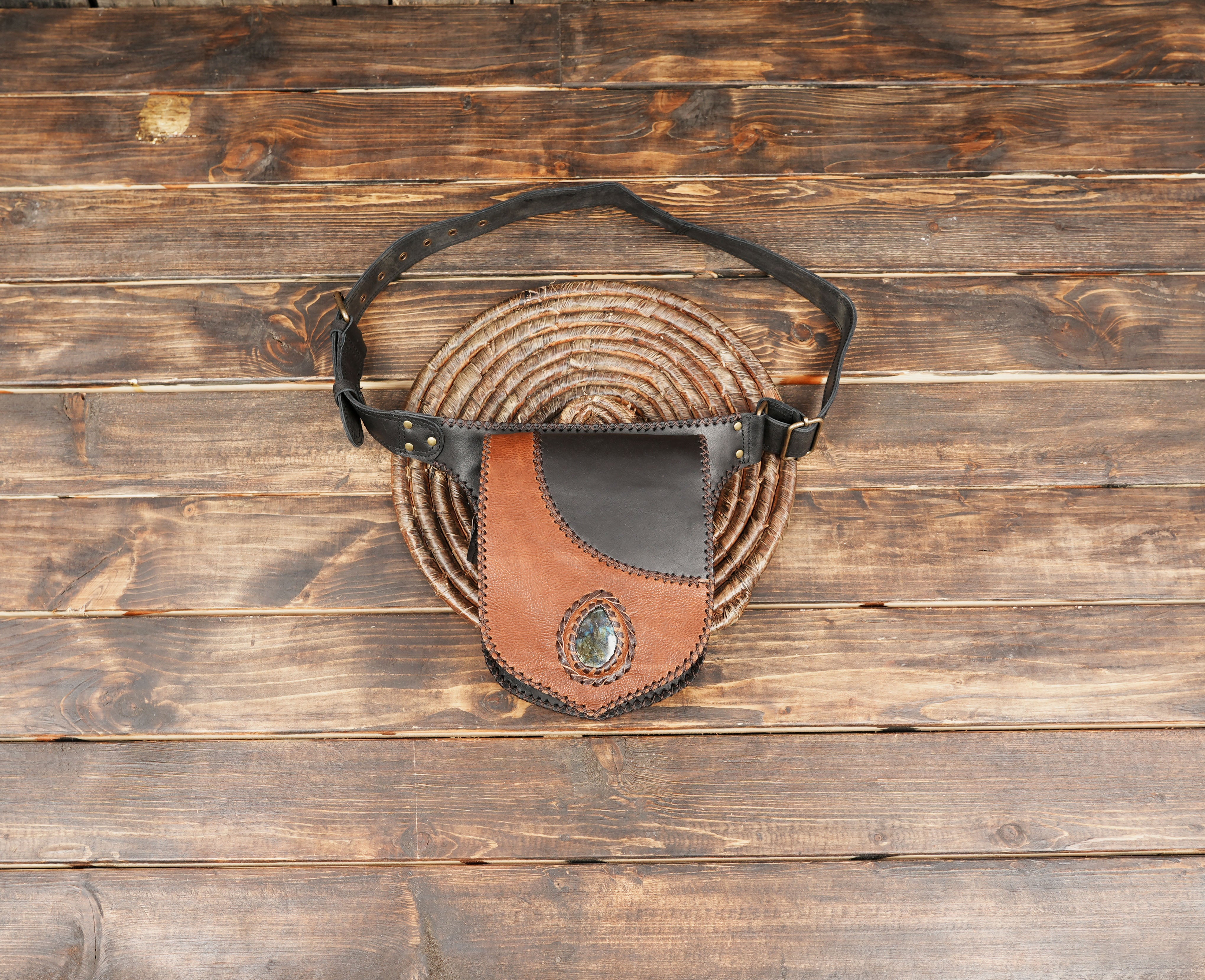 Premium Genuine Leather Waist Belt with Gemstone Pouch || Two-Tone Leather Waist Belt with Decorative Flap  (LT-AB-WB-6203)