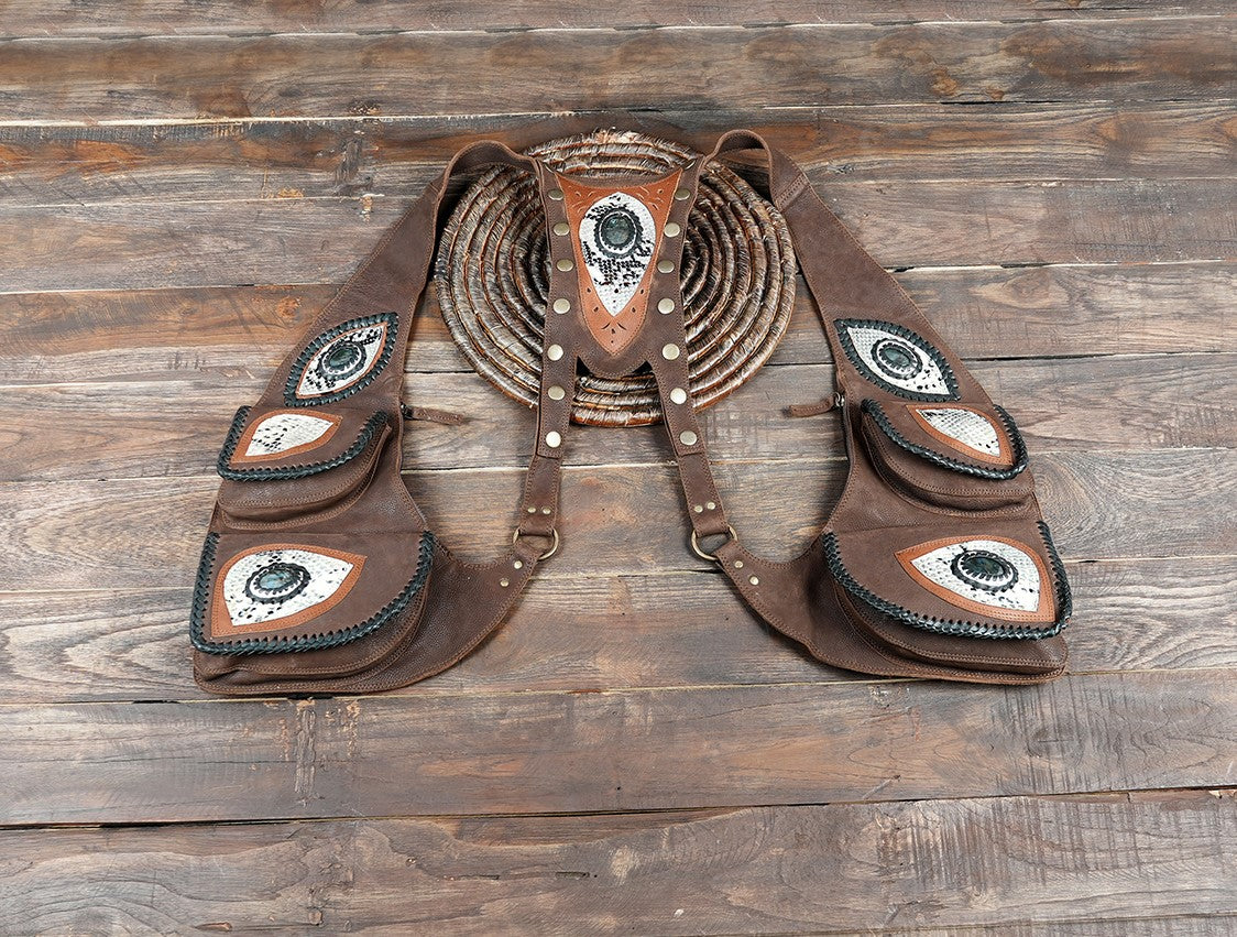 Handmade brown leather shoulder holster bag with gemstone inlay