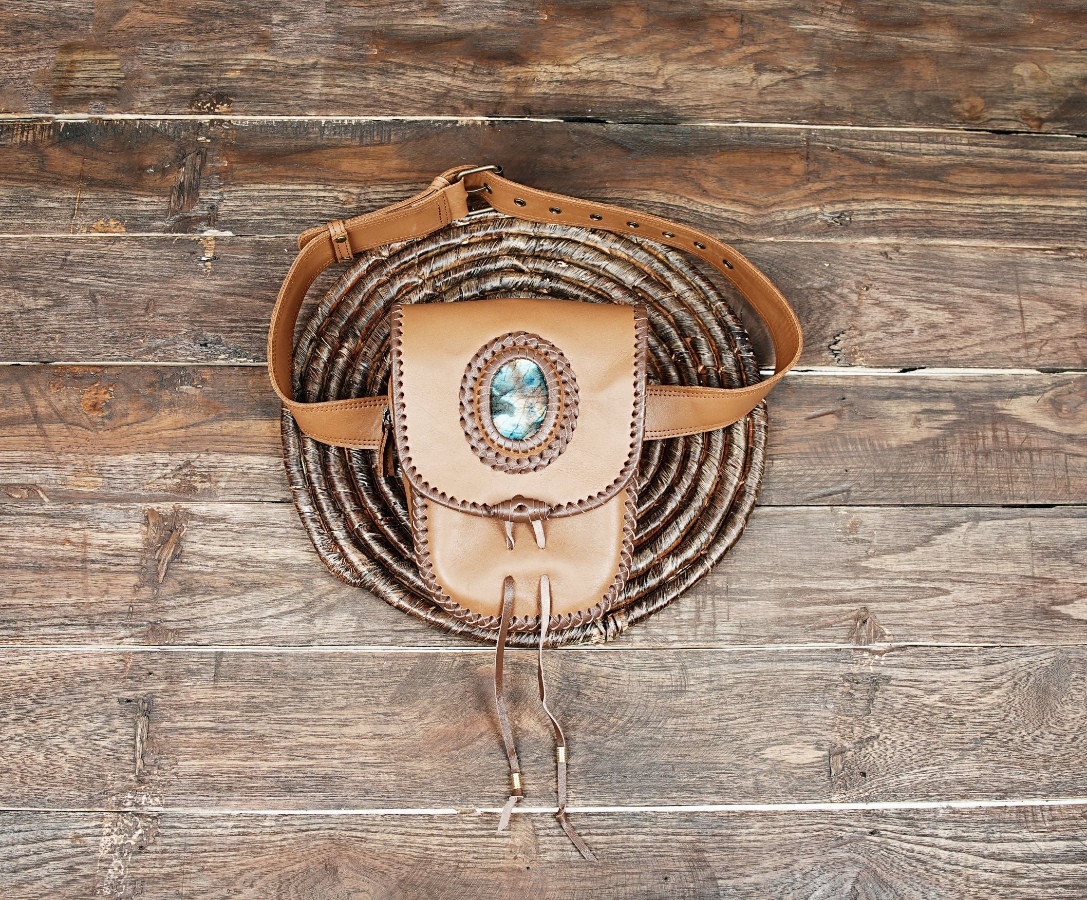 Brown leather waist belt pouch with gemstone detail and hand stitched finish