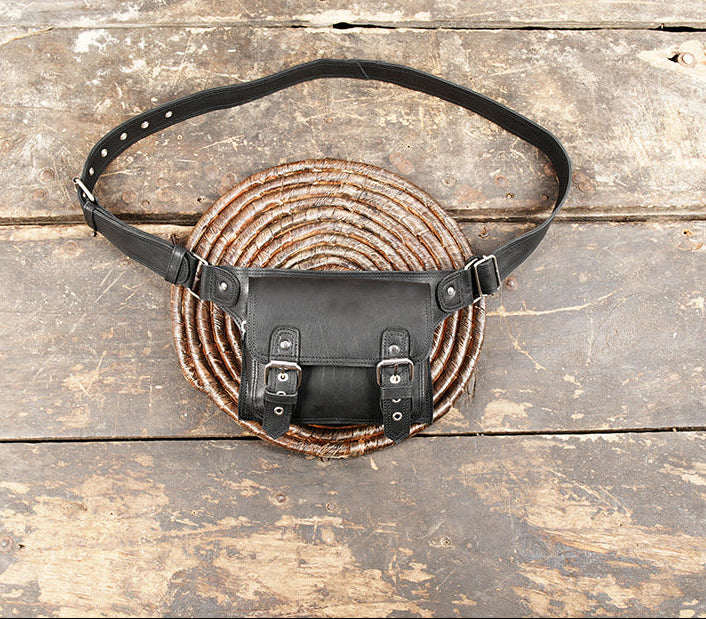Handmade black leather waist belt with front utility pouch