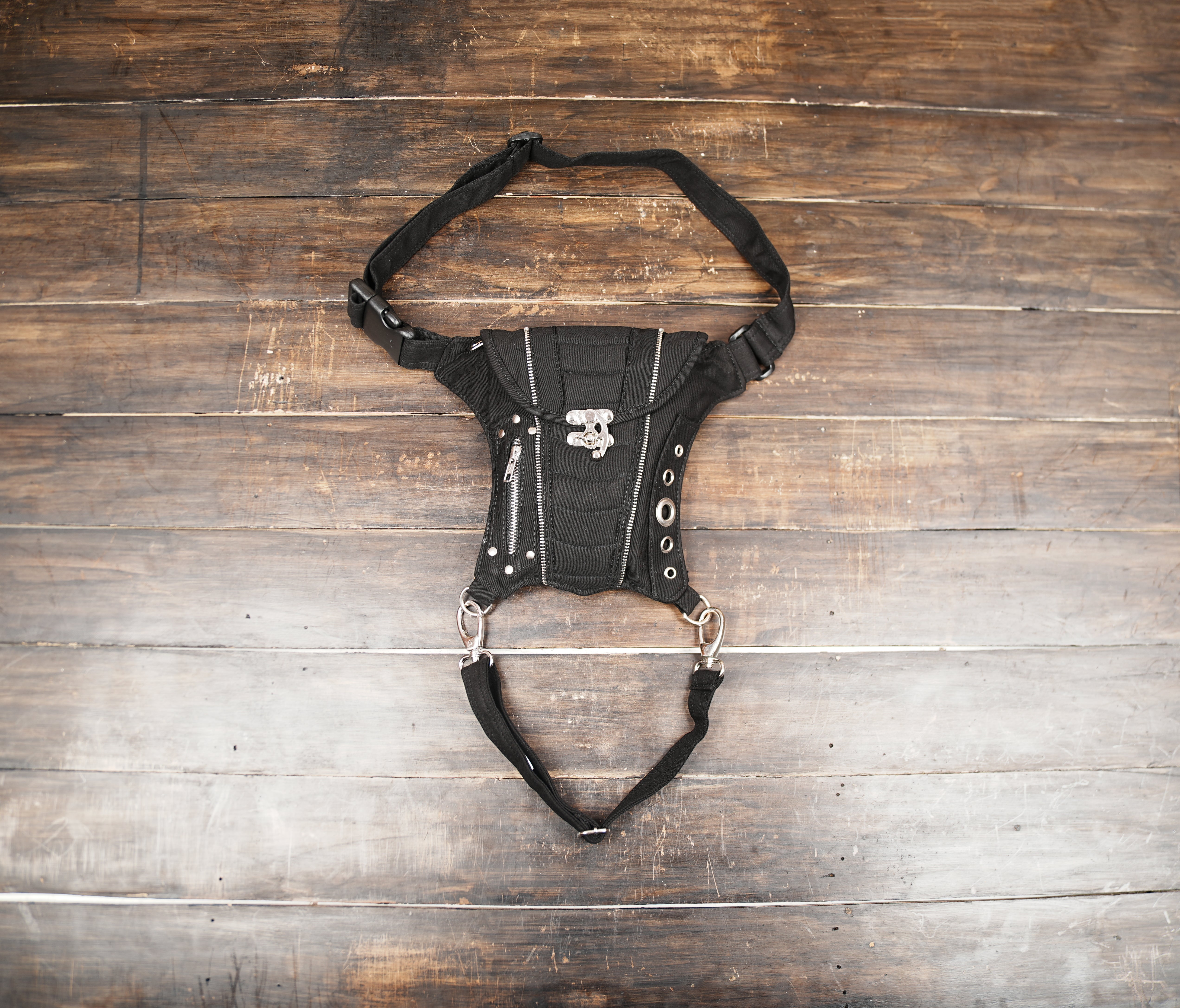 Black Cotton Waist Belt Bag with Thigh Strap and Utility Pocket Storage