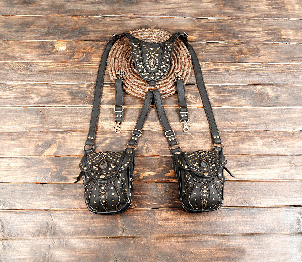 Handcrafted Leather Holster with Labradorite Stone Accents || Boho Style Leather Dual Pouch Holster with Gemstone Detail (LT-AB-HLS-6099)