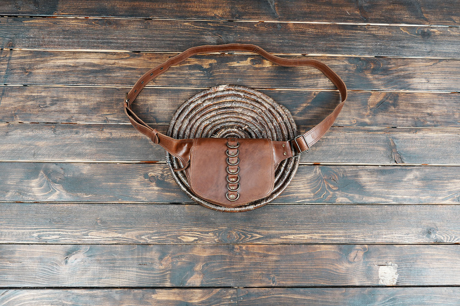 Handmade brown leather waist belt with metal ring design