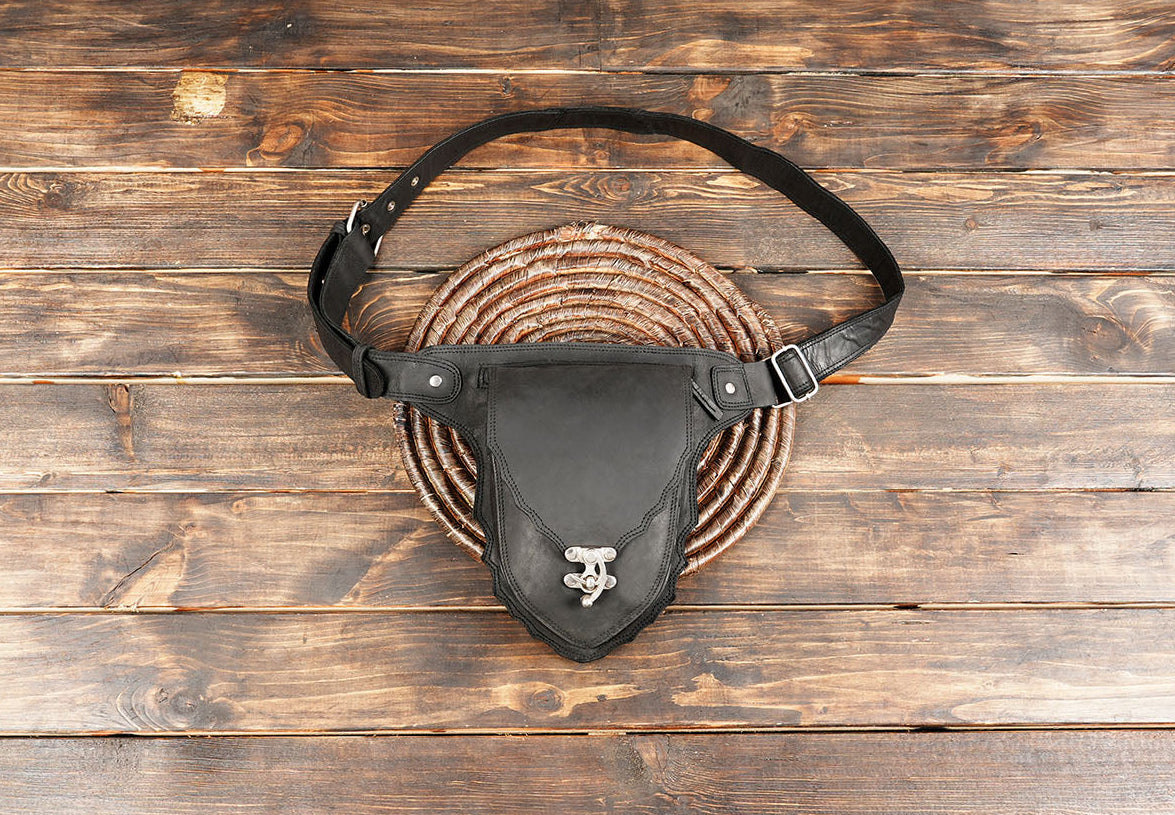 Handmade black leather waist belt with front utility pouch