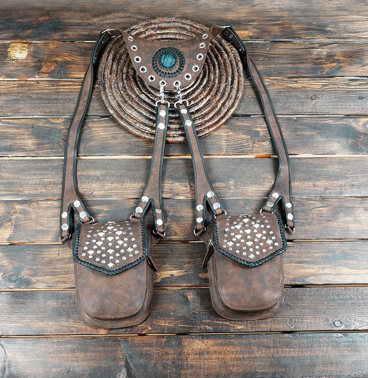 Handcrafted brown leather shoulder holster bag with dual pockets and stone detail 