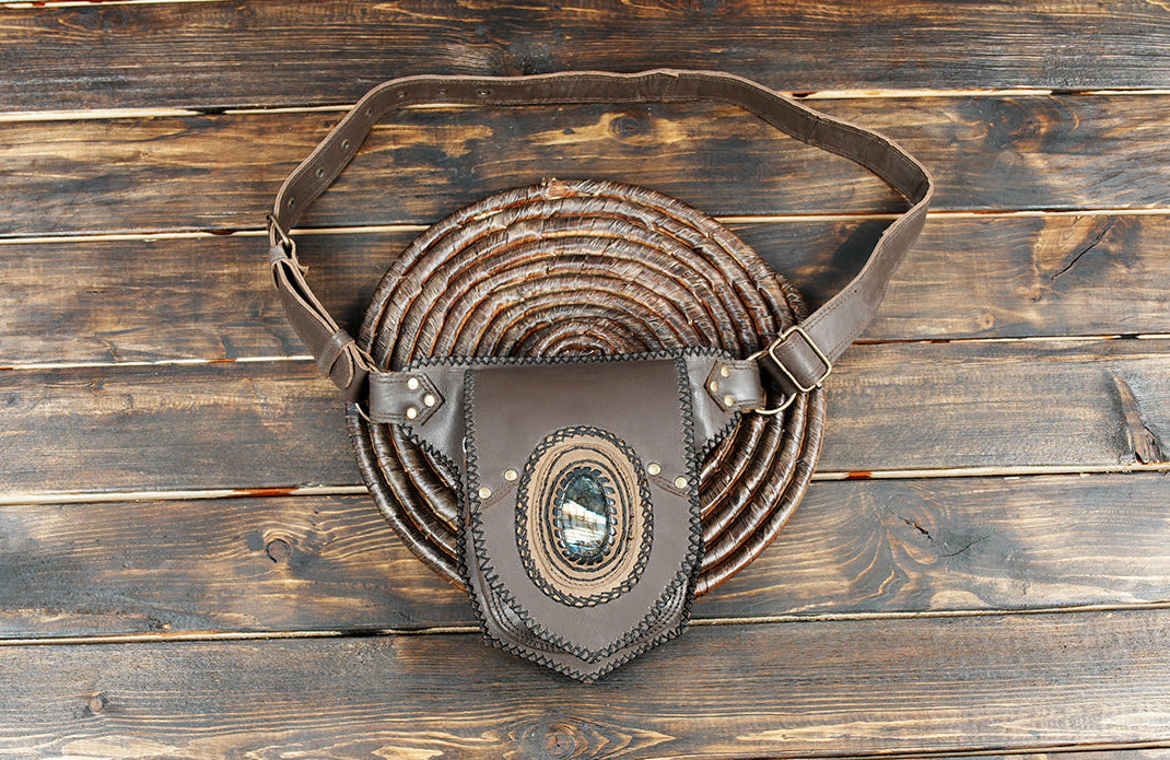 Handmade brown leather waist belt with gemstone centerpiece