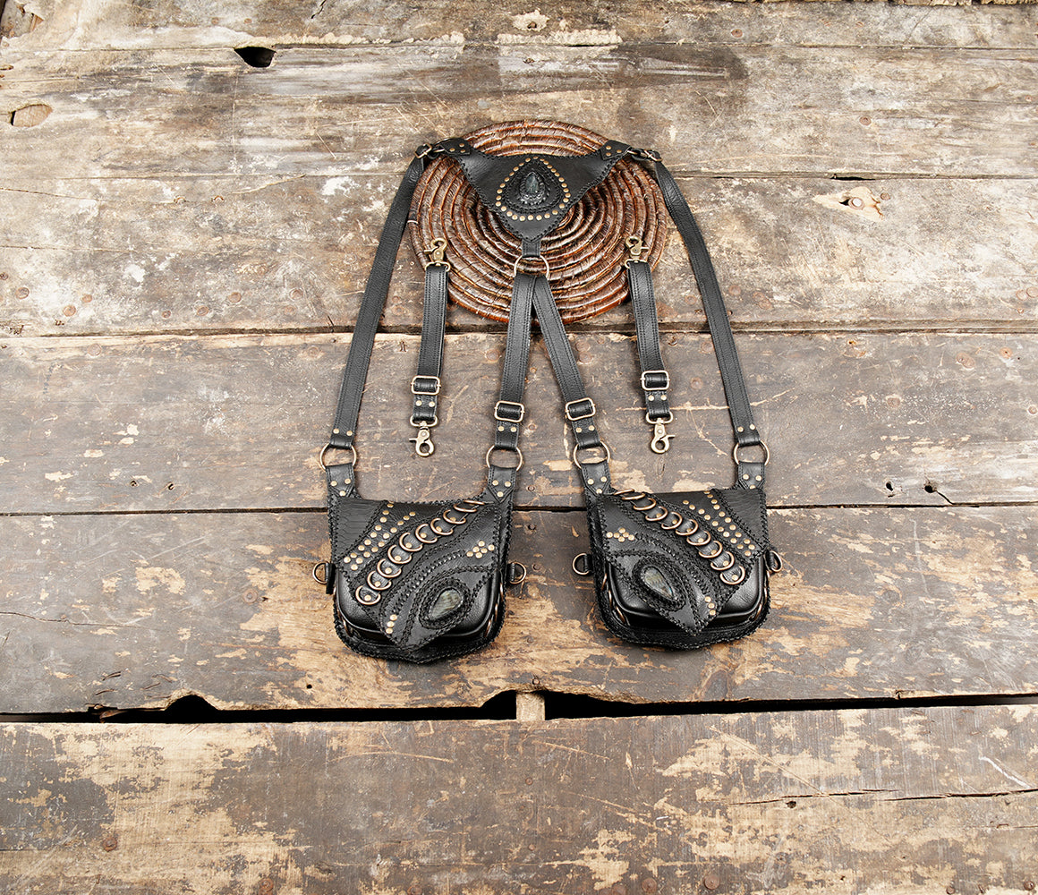 Handmade black leather chest holster with gemstone and stud detailing