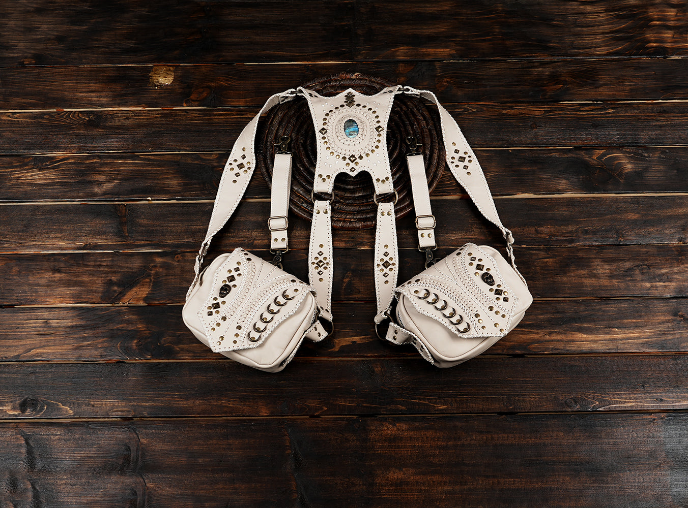 Handmade Leather Utility Holster: Gothic Steampunk Double Pouch bule gemstone 