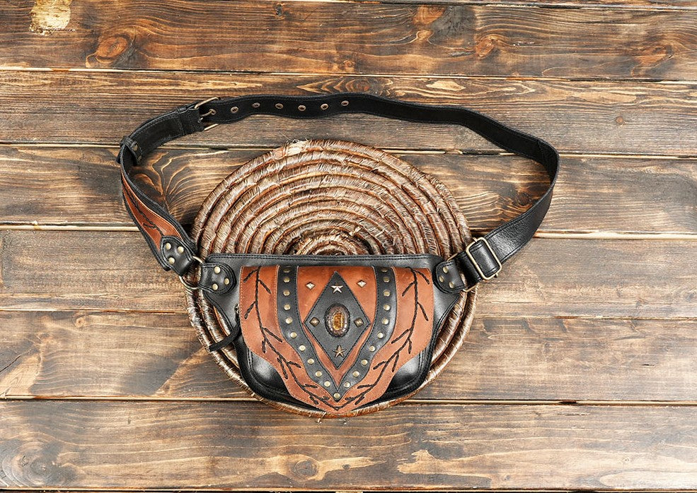 Handmade brown leather waist belt bag with gemstone detail