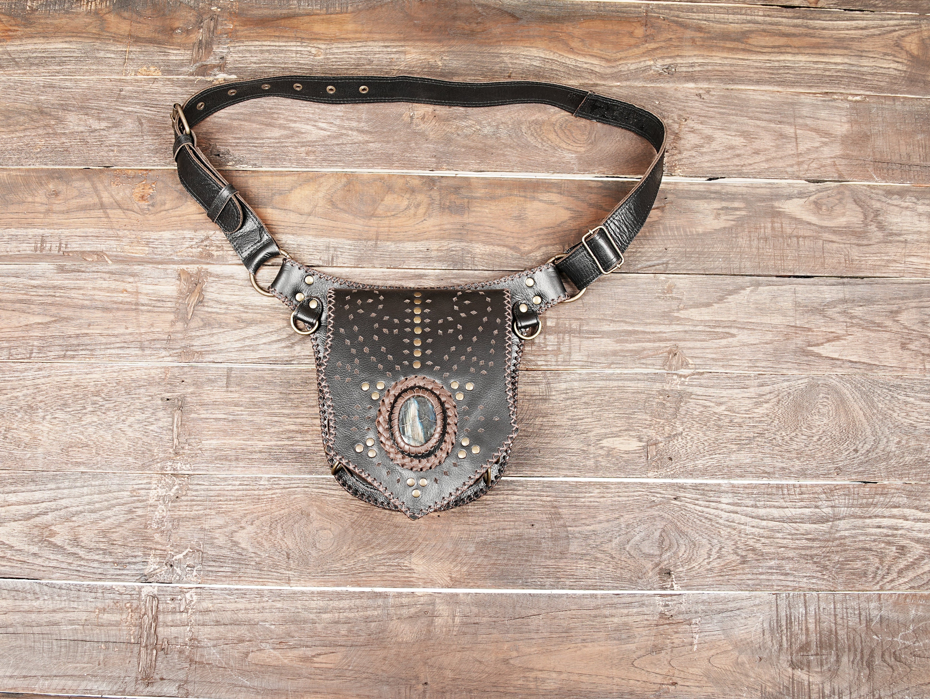 Handmade black leather waist belt with gemstone pouch and brass rivets