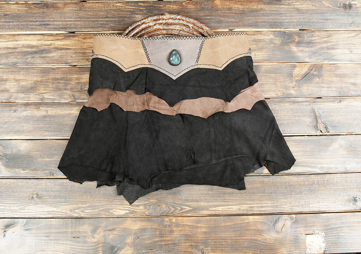 Handmade leather skirt with tribal boho gemstone waistband