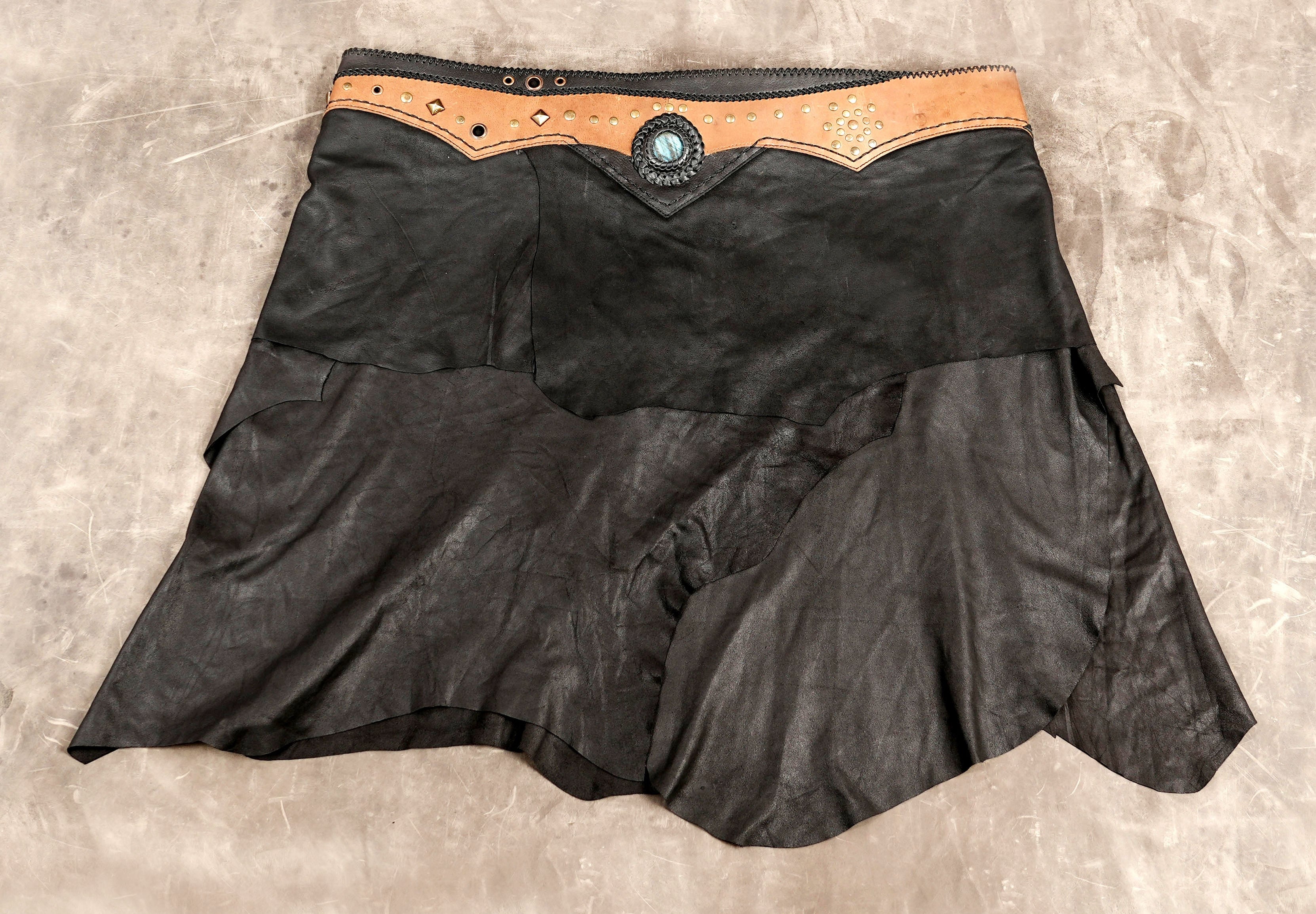 Black Leather Mini Skirt with Studded Waistband and Labradorite Gemstone Detail