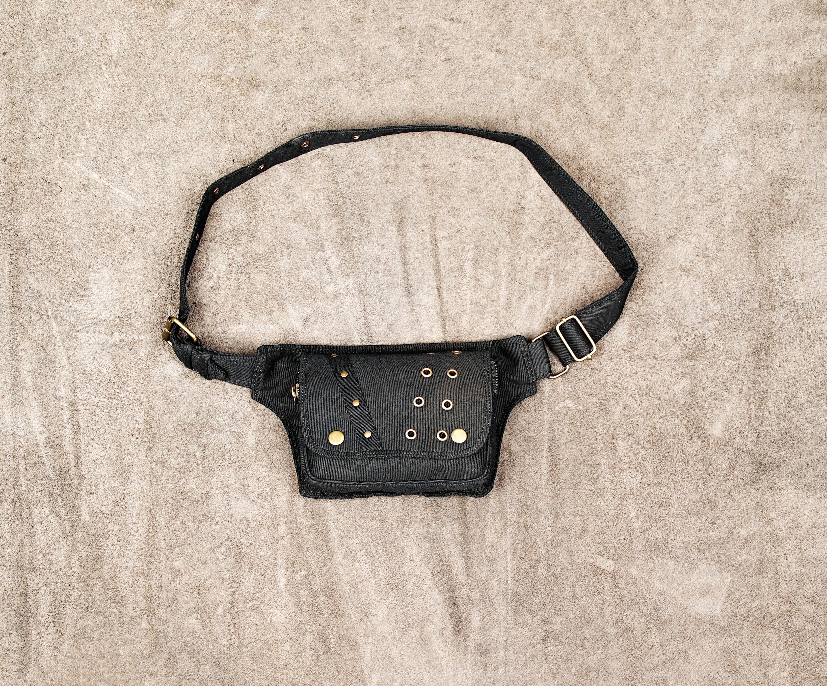 Handmade black cotton belt bag with adjustable waist strap