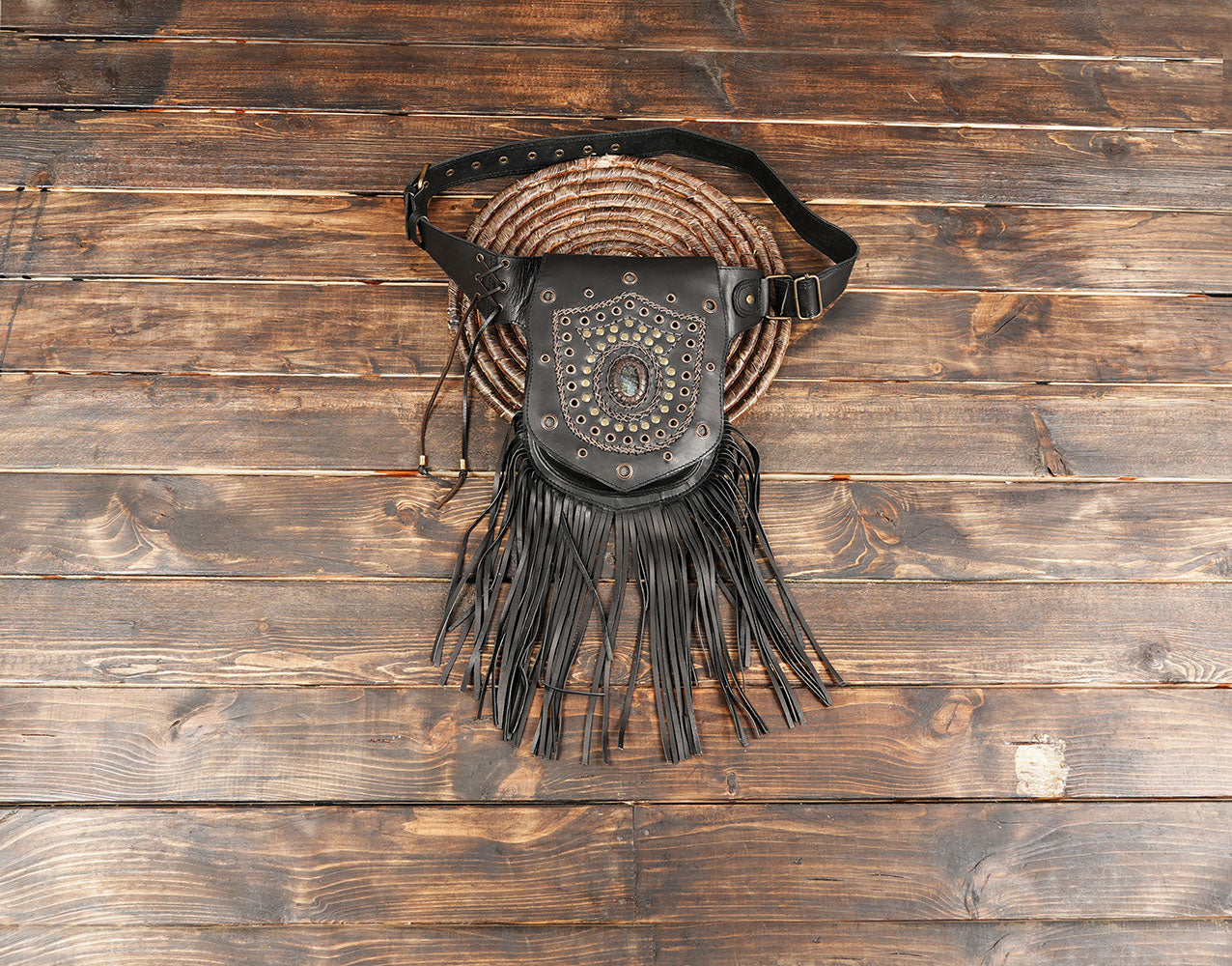 Handmade Genuine Leather Waist Belt with Gemstone || Gothic Boho Leather Belt Bag with Stone Centerpiece (LT-AB-WB-6124)