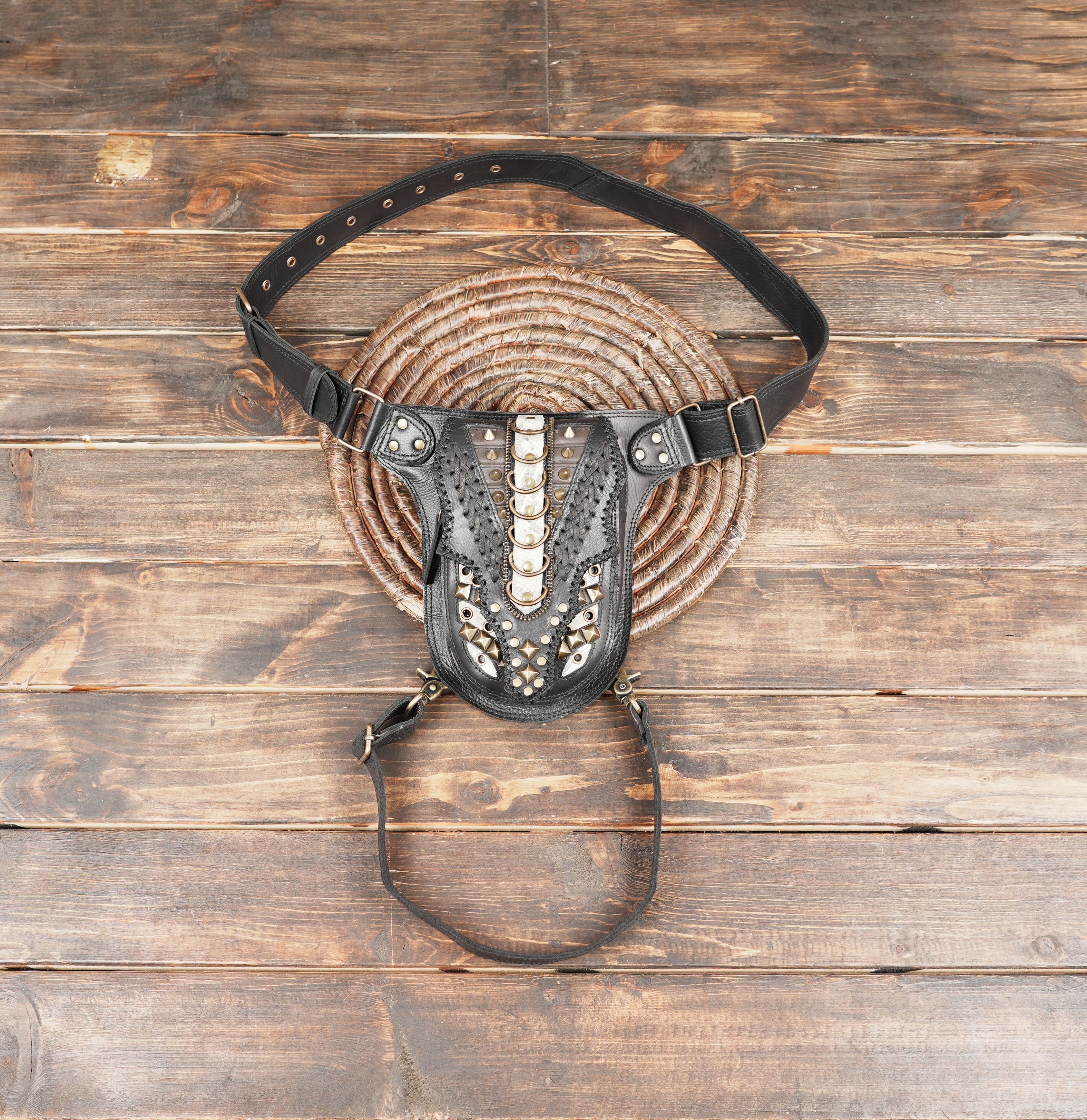 Handcrafted Leather Waist Thigh Belt with Studded Gothic Design || Statement Leather Waist Thigh Belt for Gothic and Festival Wear(LT-AB-WBTS-6001)