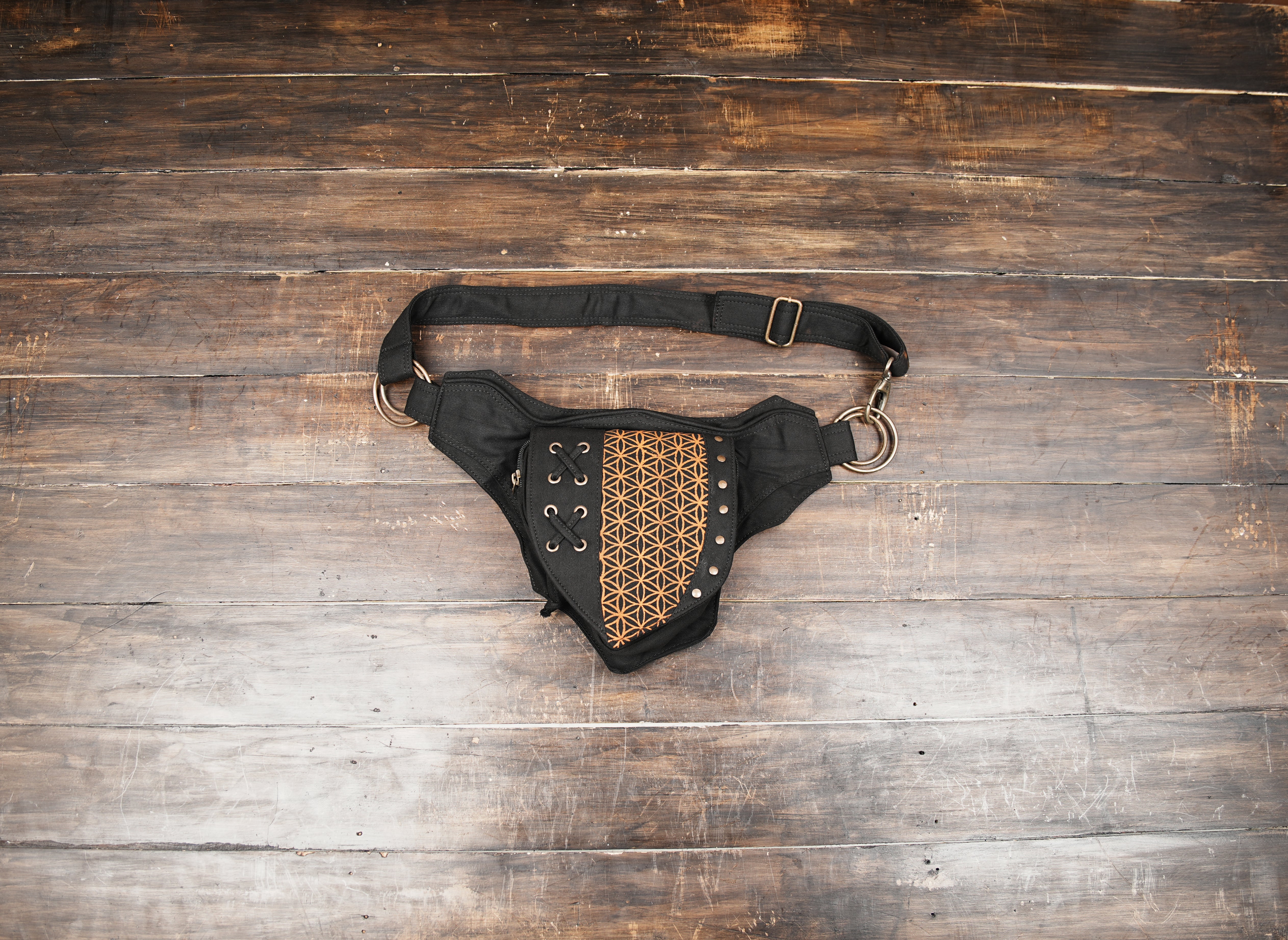 Black Cotton Waist Belt Bag with Sacred Geometry Panel and Adjustable Festival Strap