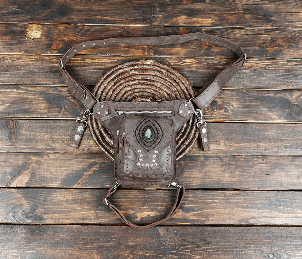 Handmade leather waist and thigh bag with gemstone centerpiece
