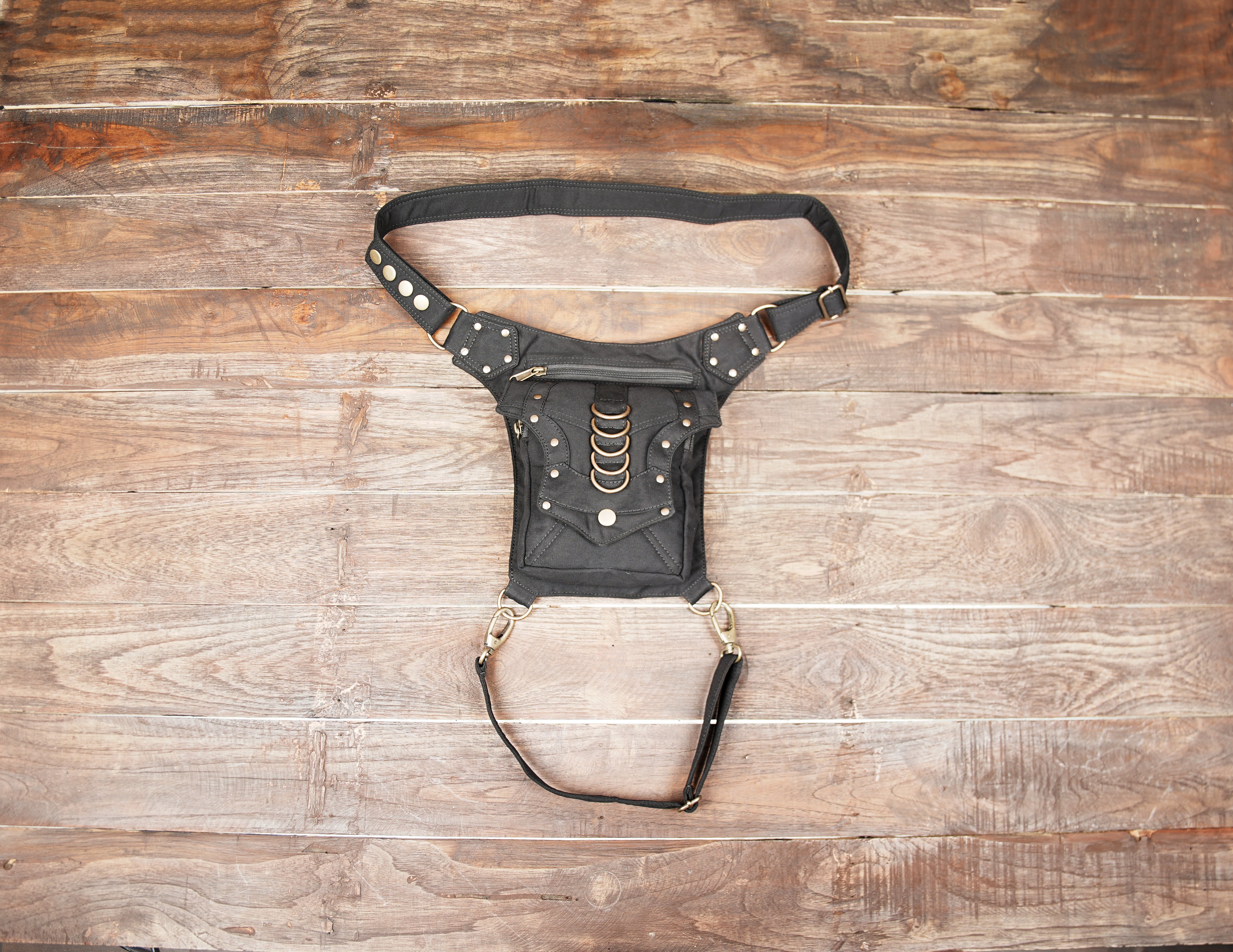Motorcycle drop leg side pouch made from breathable handmade cotton fabric.